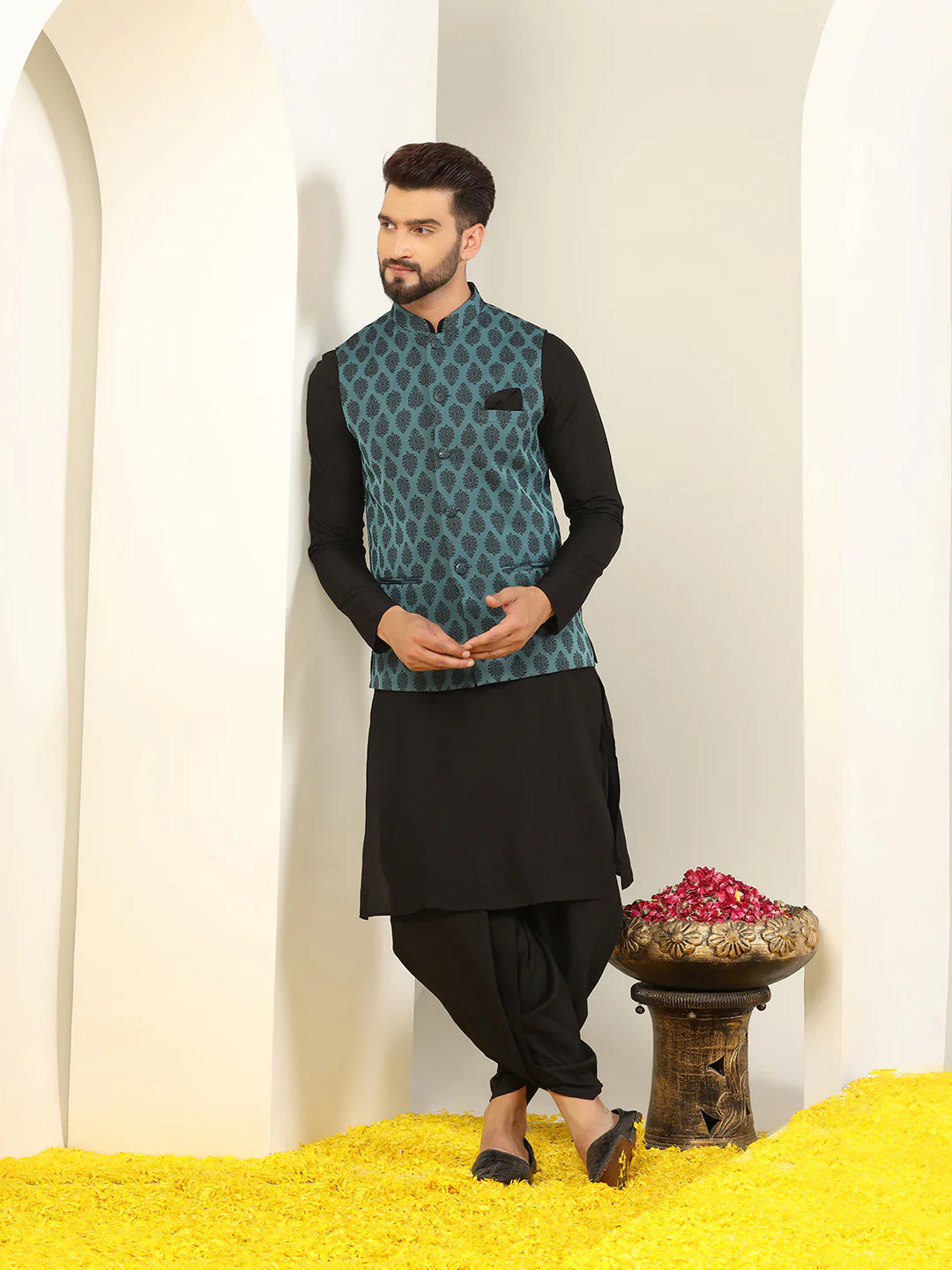 Black Cotton Printed Nehru Jacket Kurta Dhoti Set - Image 8