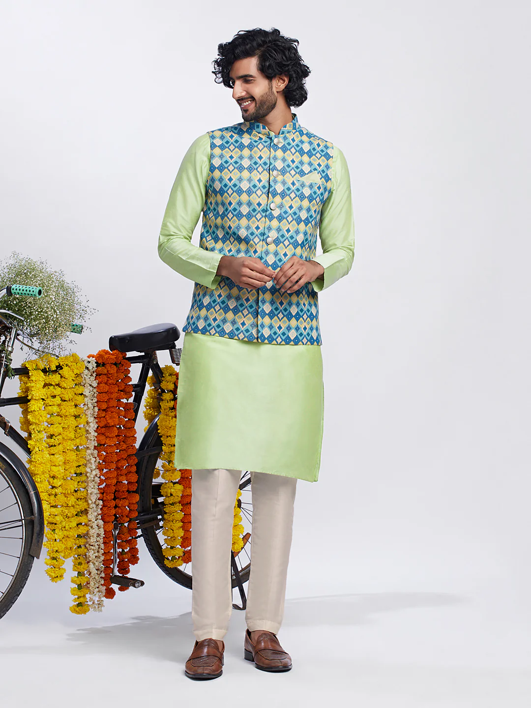 Light Green Silk Blend Textured Nehru Jacket Kurta Set