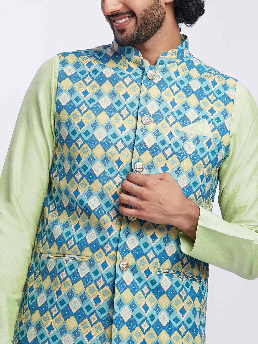 Light Green Silk Blend Textured Nehru Jacket Kurta Set - Image 6
