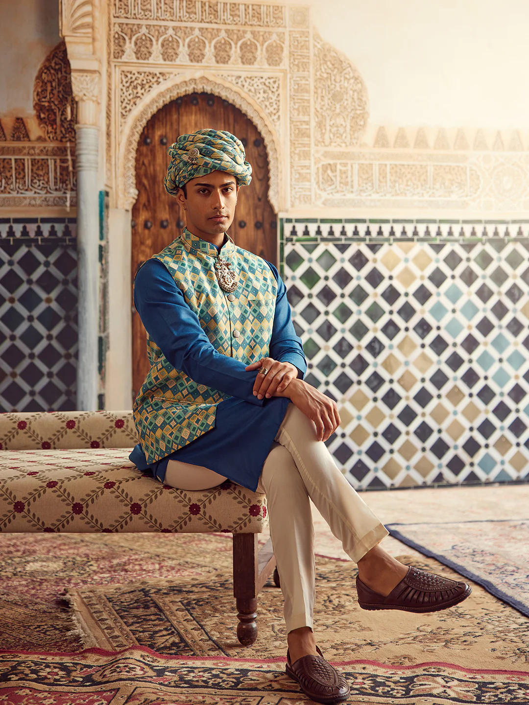 Men's Blue Kurta Jacket Trouser Set
