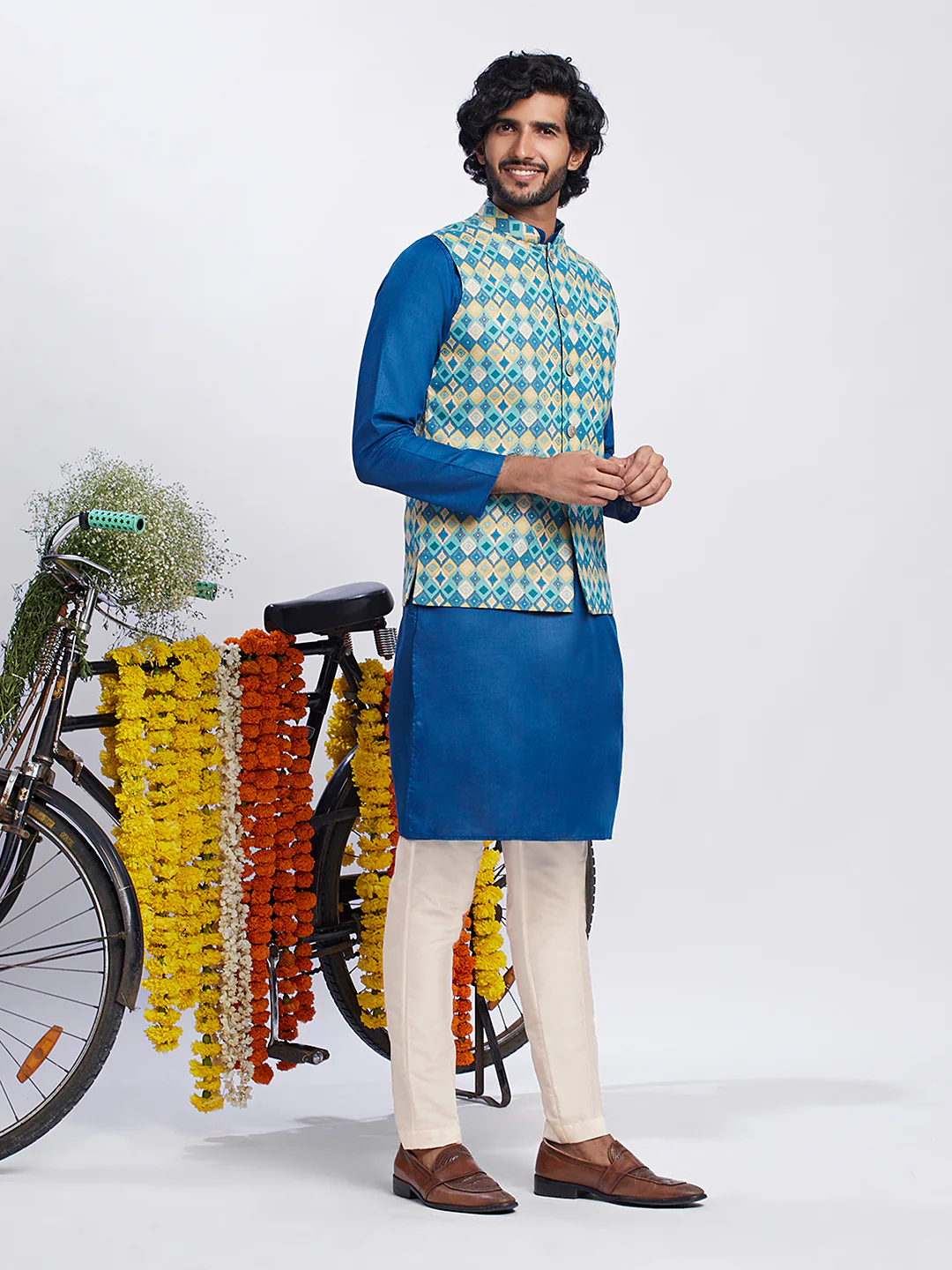 Men's Blue Kurta Jacket Trouser Set - Image 3