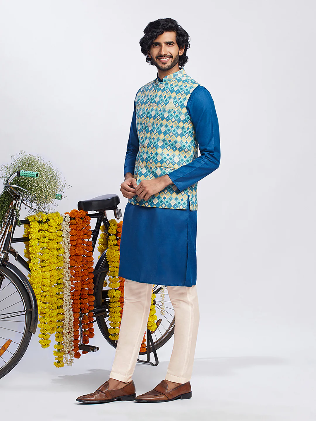 Men's Blue Kurta Jacket Trouser Set - Image 4