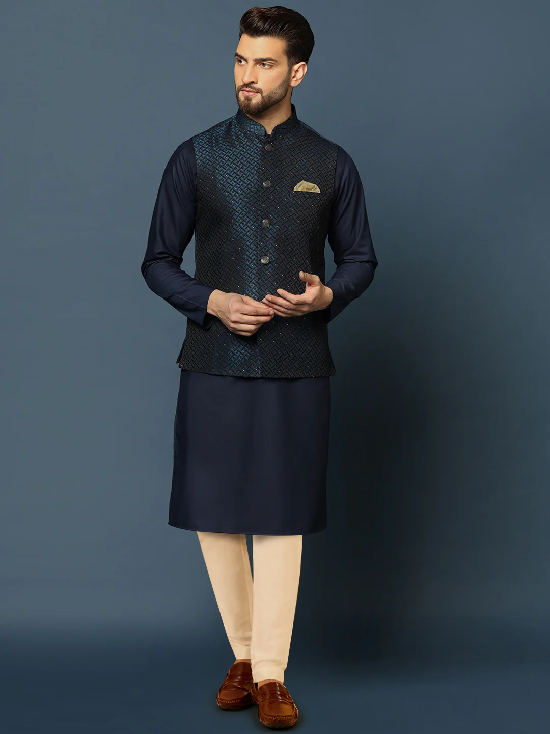 Navy Blue Jacket Kurta Trouser Set