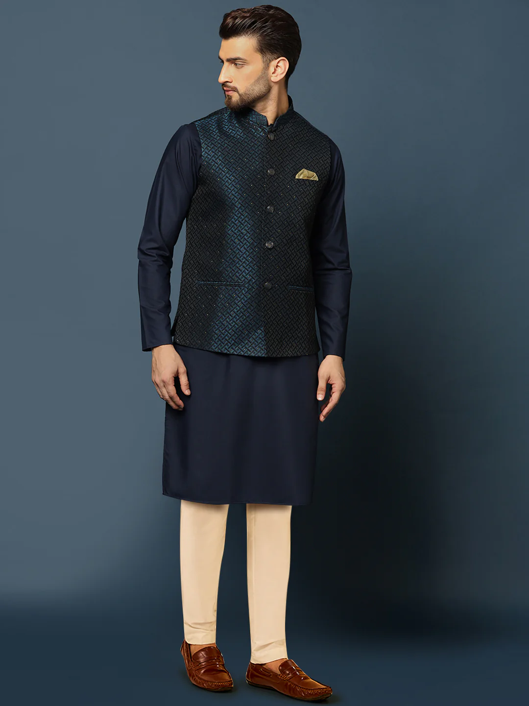 Navy Blue Jacket Kurta Trouser Set - Image 2