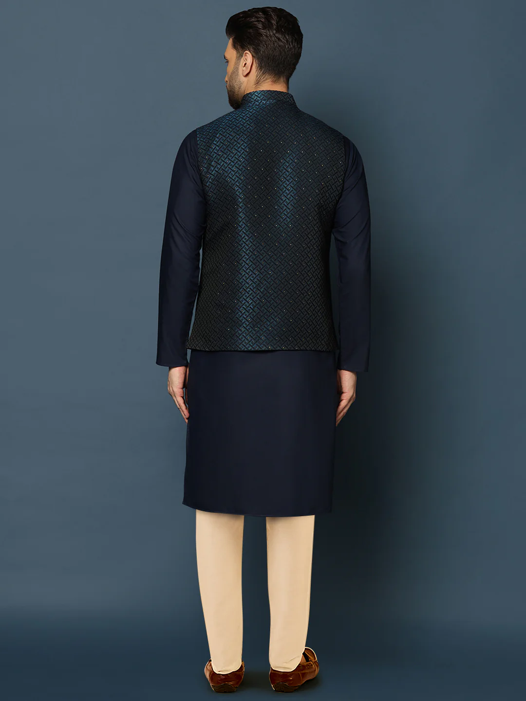 Navy Blue Jacket Kurta Trouser Set - Image 4