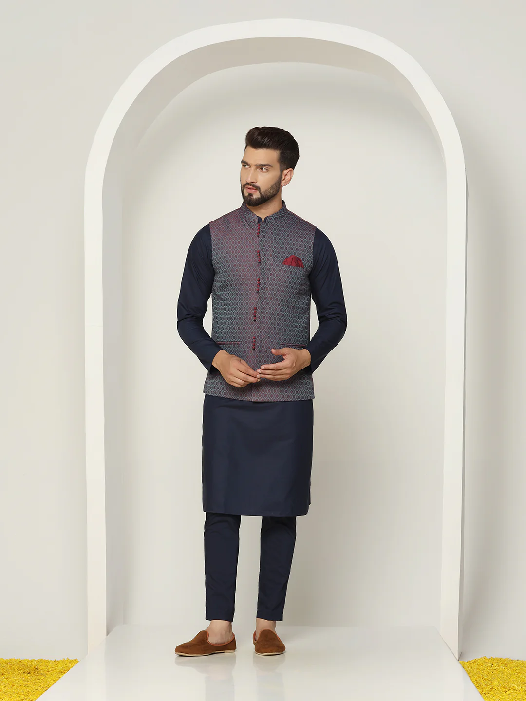 Navy Blue Cotton Silk Textured Nehru Jacket Kurta Trouser