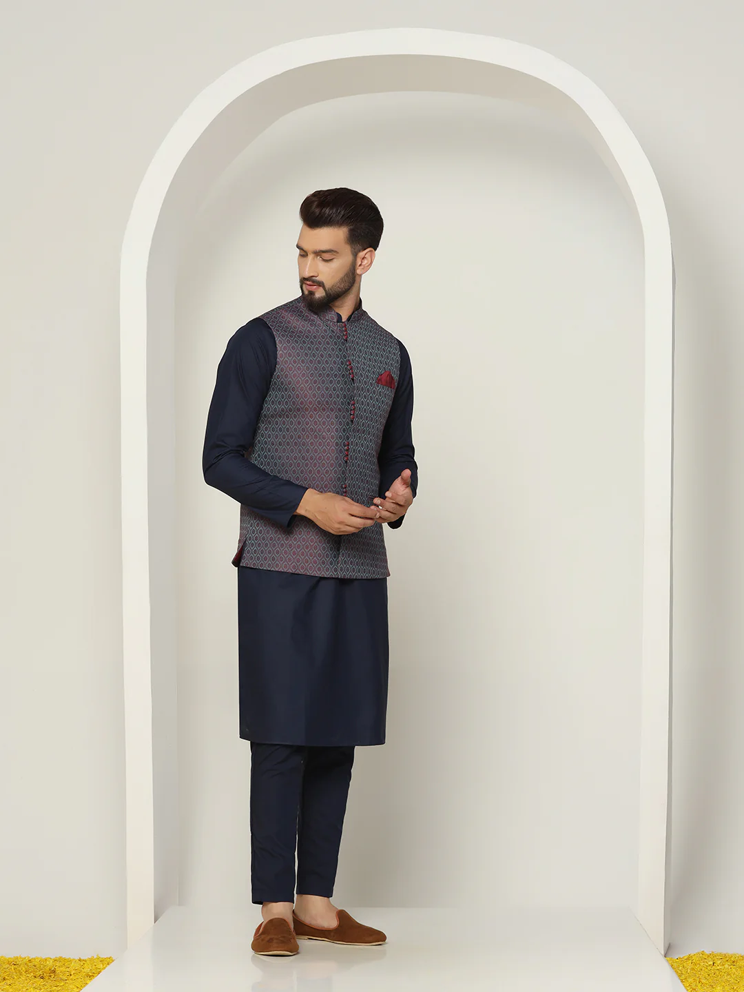 Navy Blue Cotton Silk Textured Nehru Jacket Kurta Trouser - Image 2