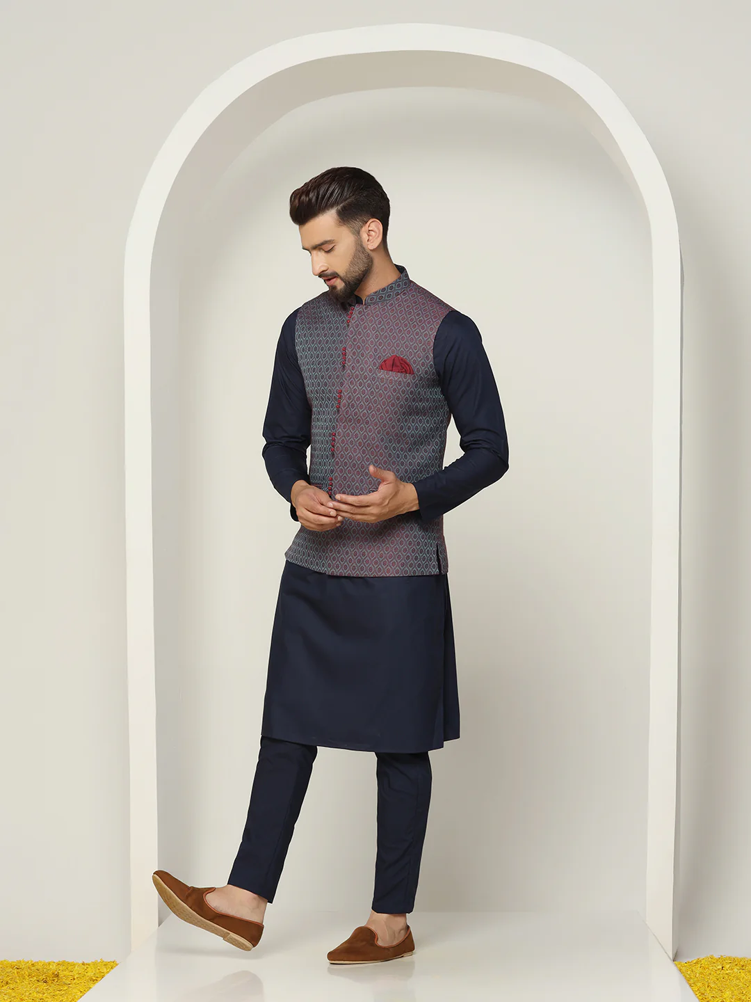 Navy Blue Cotton Silk Textured Nehru Jacket Kurta Trouser - Image 3