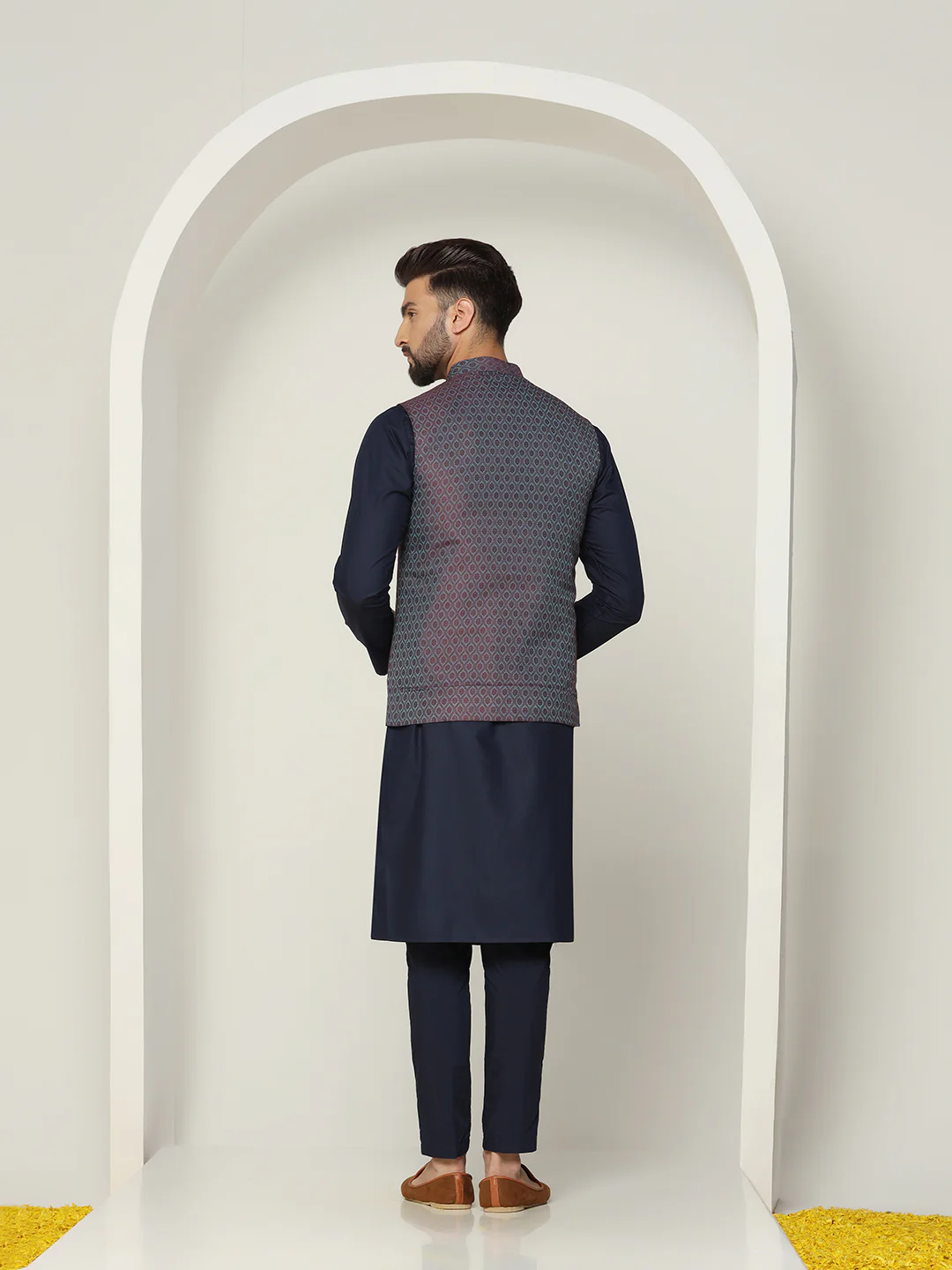 Navy Blue Cotton Silk Textured Nehru Jacket Kurta Trouser - Image 4