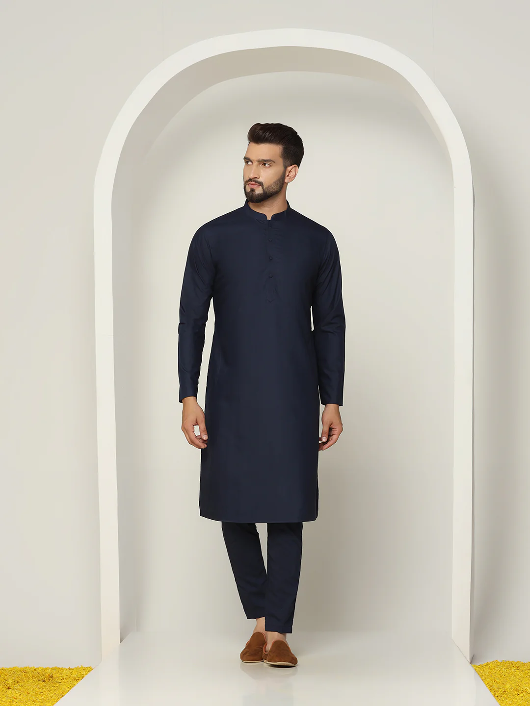 Navy Blue Cotton Silk Textured Nehru Jacket Kurta Trouser - Image 5