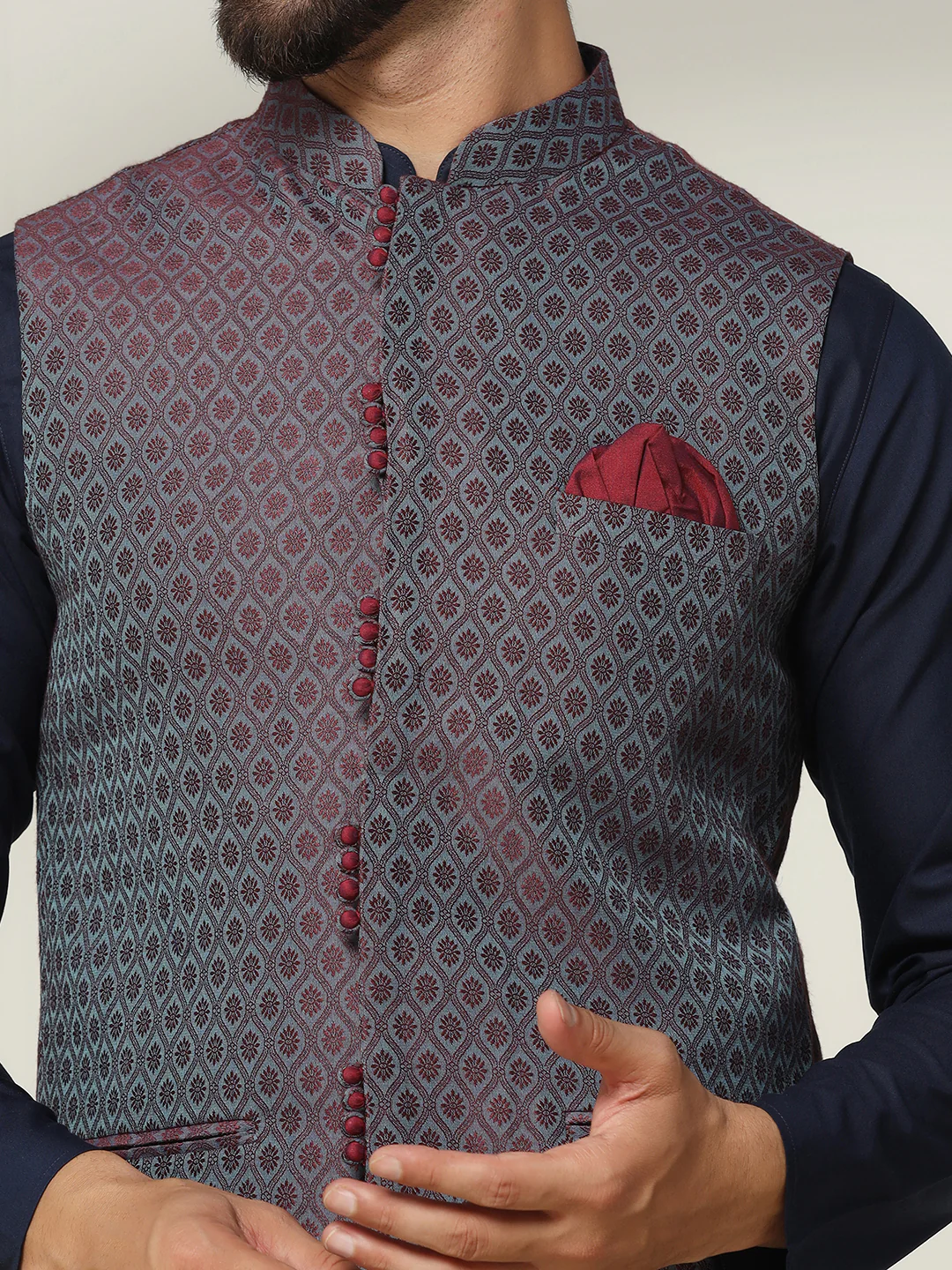 Navy Blue Cotton Silk Textured Nehru Jacket Kurta Trouser - Image 6
