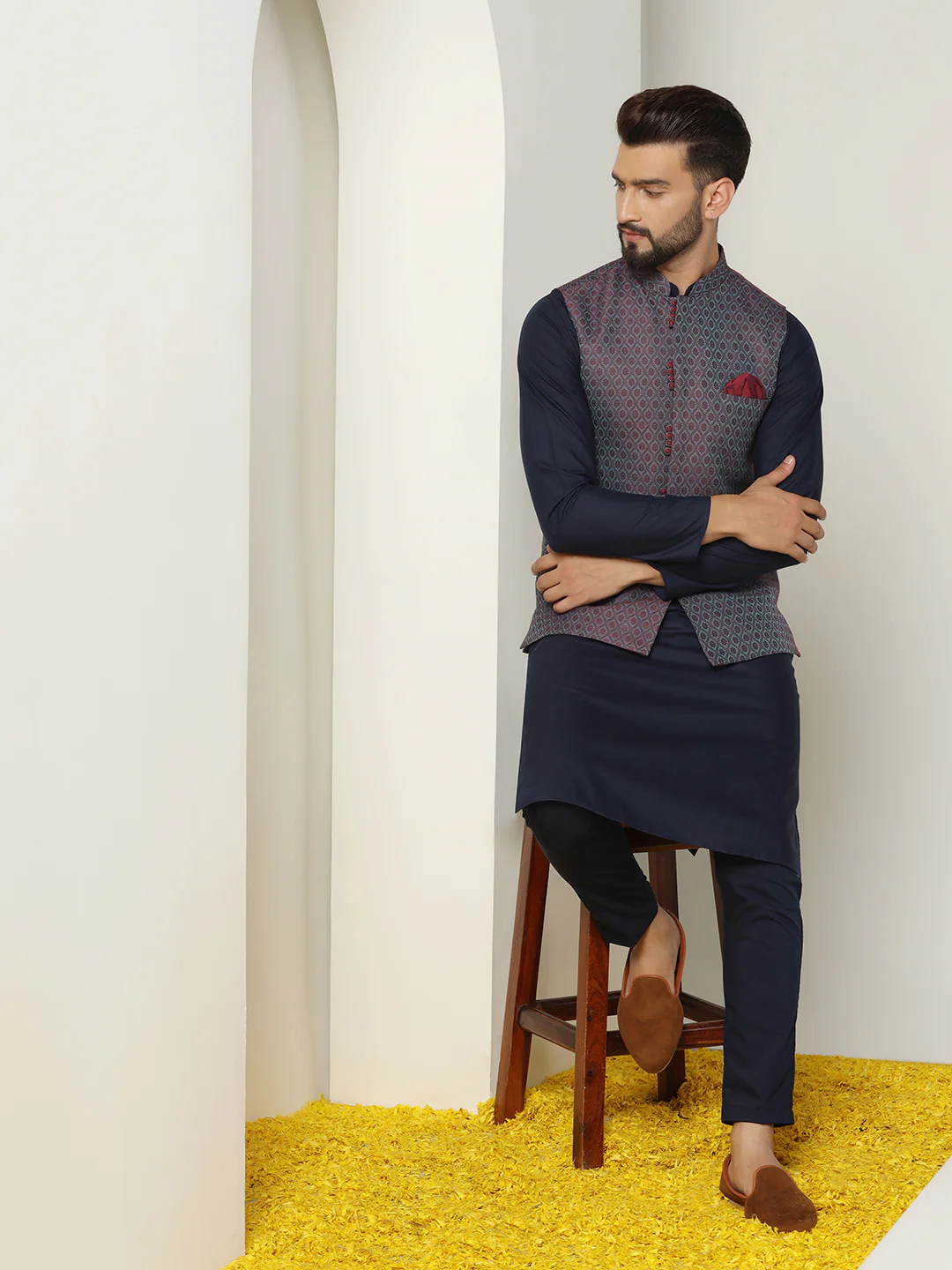 Navy Blue Cotton Silk Textured Nehru Jacket Kurta Trouser - Image 8