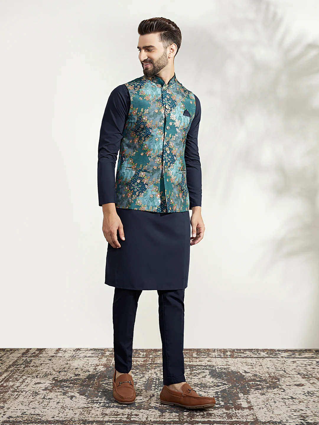 Blue Silk Printed Nehru Jacket Kurta Trouser Set - Image 3