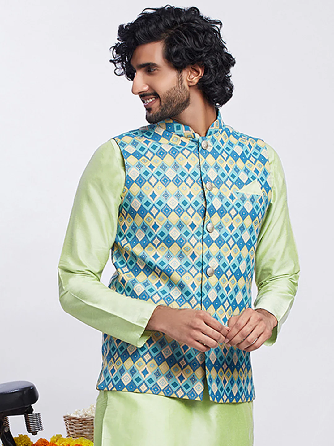 Blue Silk Blend Jacquard Nehru Jacket with Diamond Motifs - Image 2