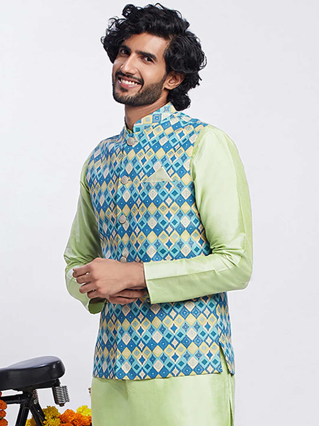 Blue Silk Blend Jacquard Nehru Jacket with Diamond Motifs - Image 3