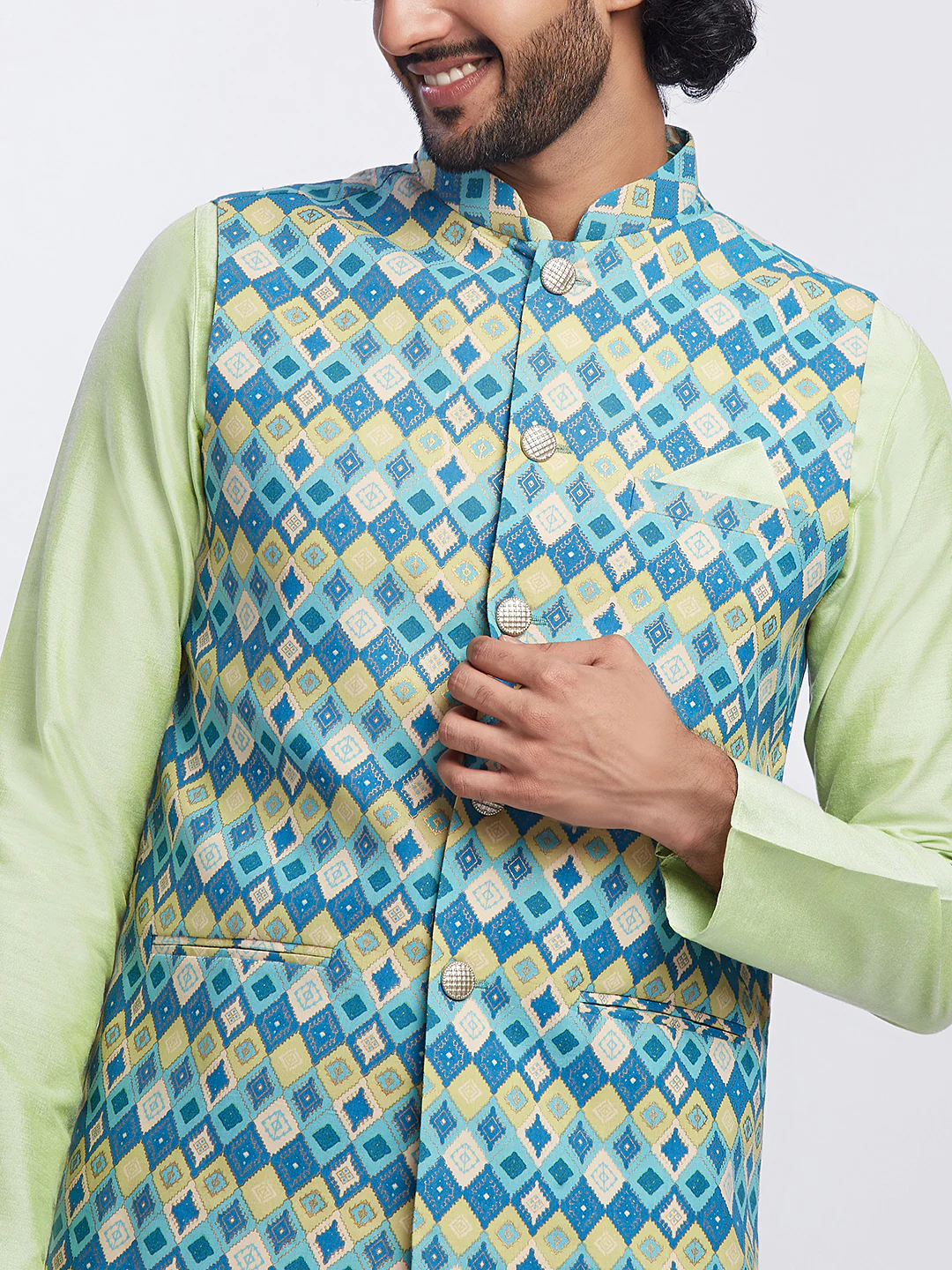 Blue Silk Blend Jacquard Nehru Jacket with Diamond Motifs - Image 5