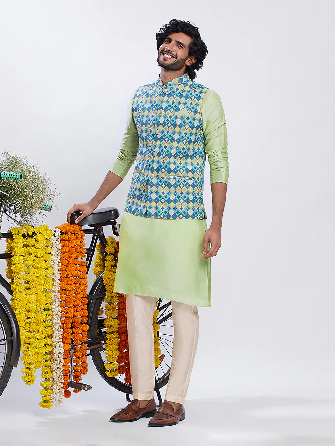 Blue Silk Blend Jacquard Nehru Jacket with Diamond Motifs - Image 6