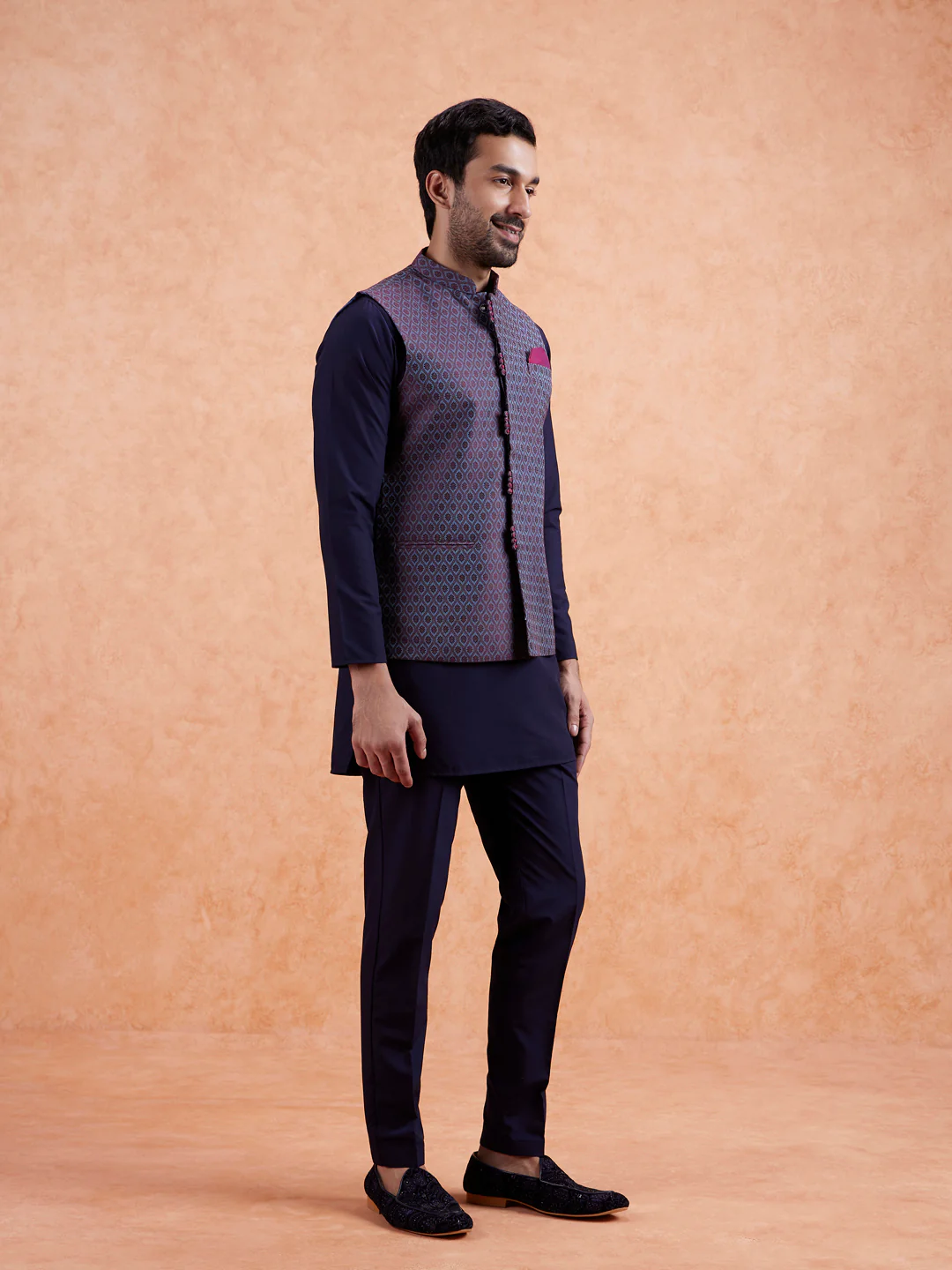 Maroon Silk Blend Geometric Nehru Jacket - Image 4