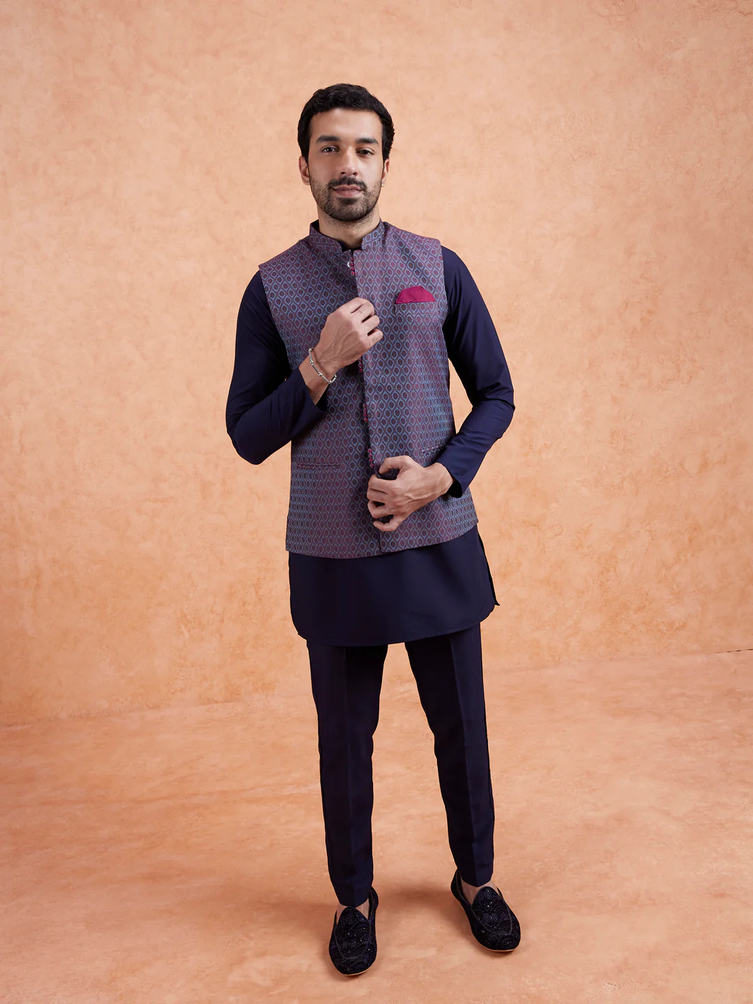 Maroon Silk Blend Geometric Nehru Jacket - Image 6
