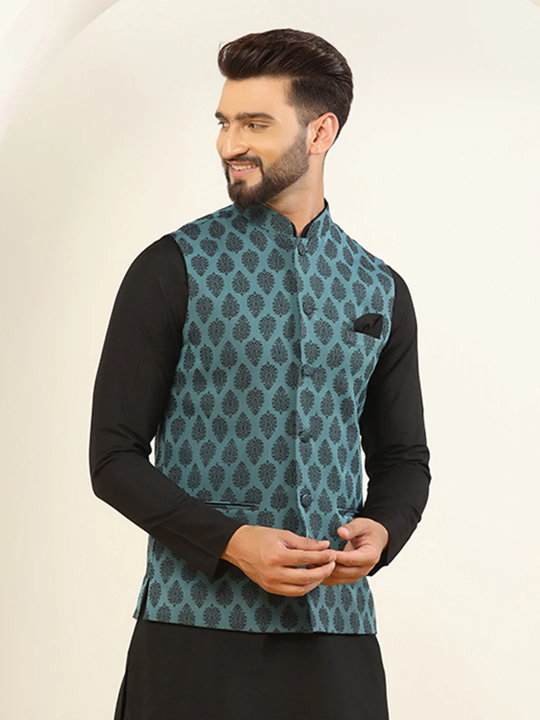 Teal Blue Silk Blend Jacquard Nehru Jacket - Image 2