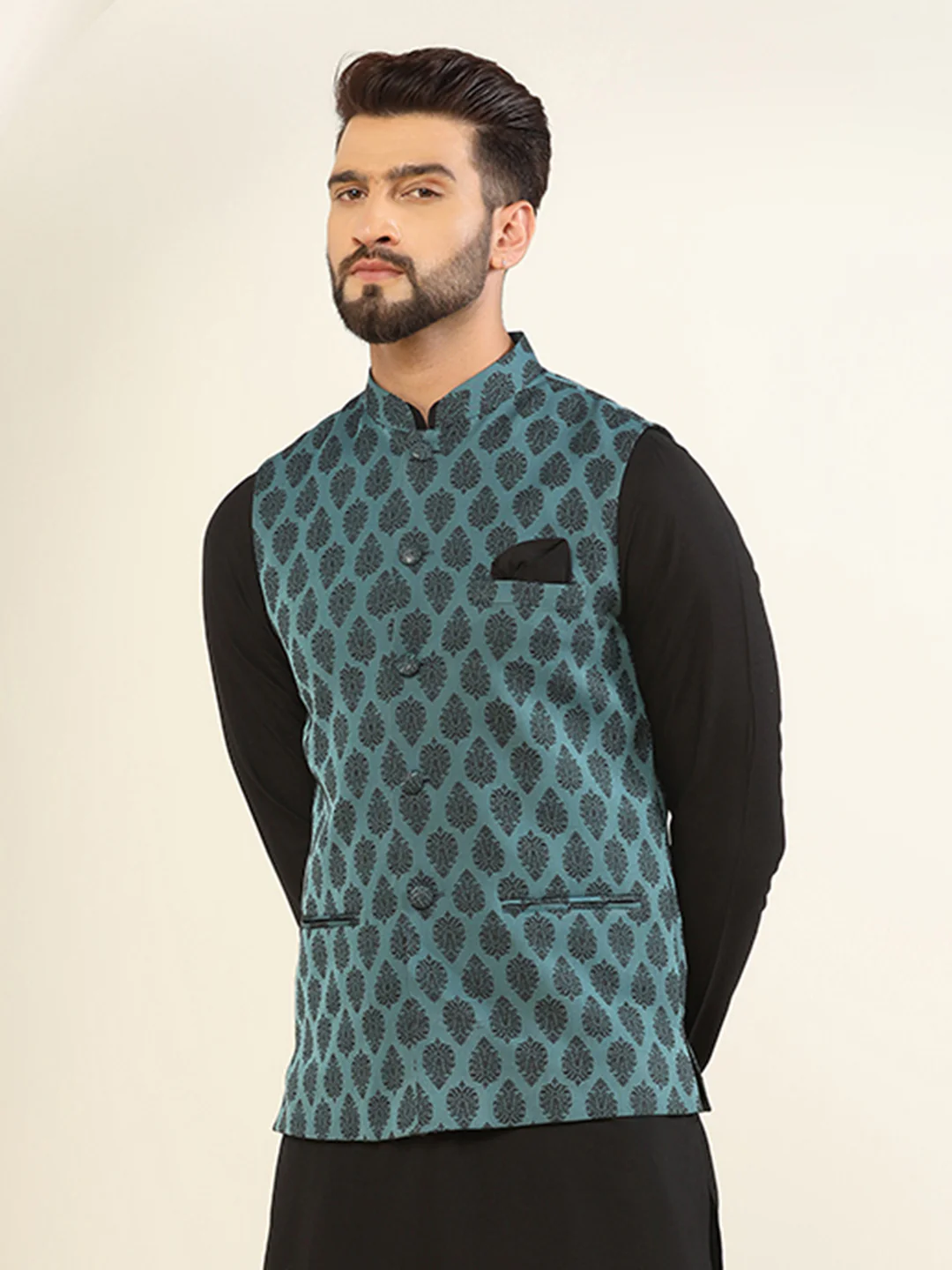 Teal Blue Silk Blend Jacquard Nehru Jacket - Image 3