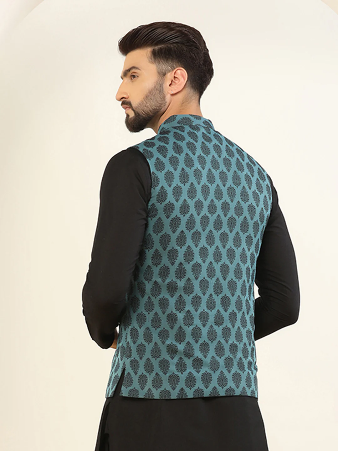 Teal Blue Silk Blend Jacquard Nehru Jacket - Image 4