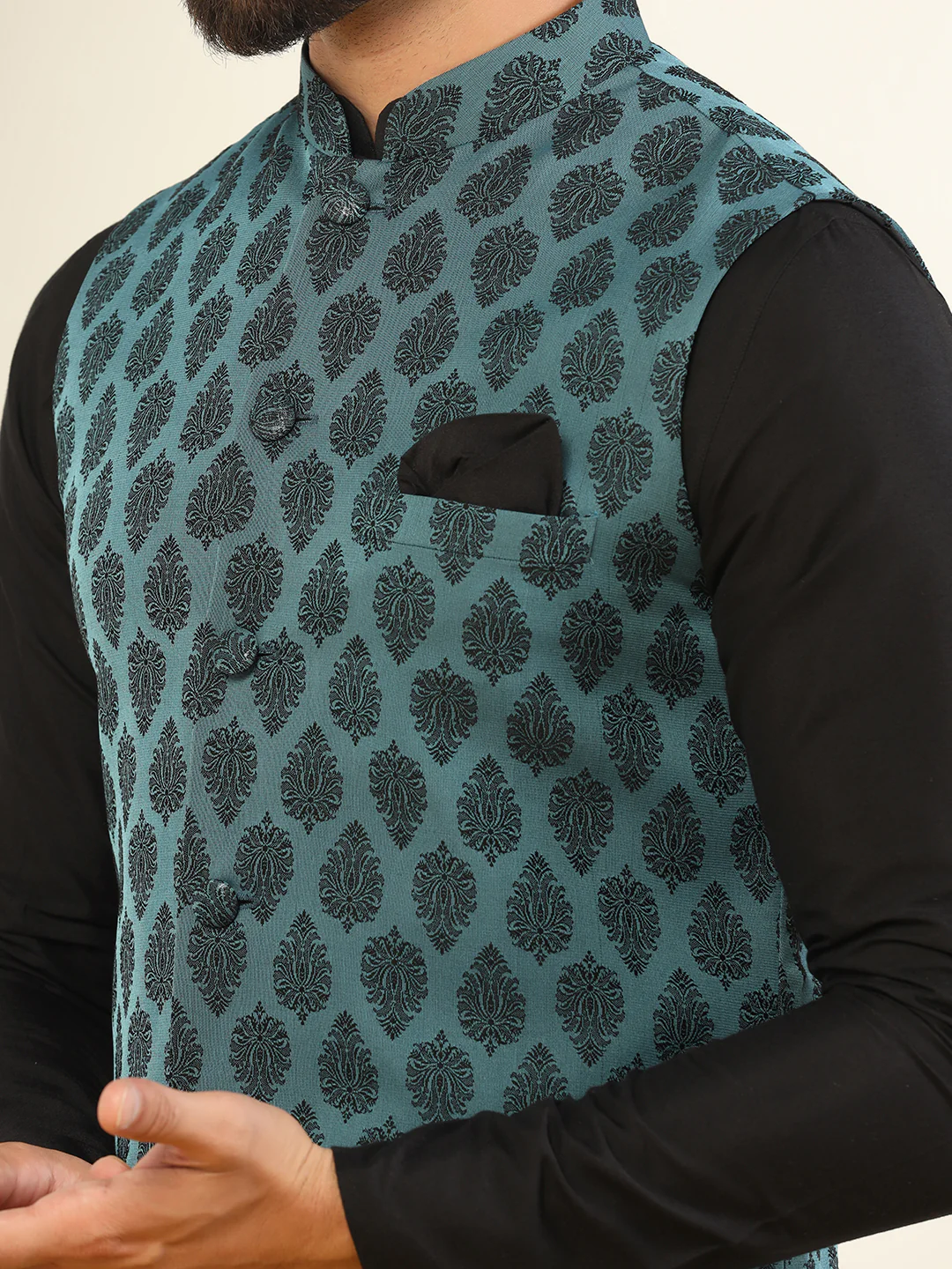 Teal Blue Silk Blend Jacquard Nehru Jacket - Image 5