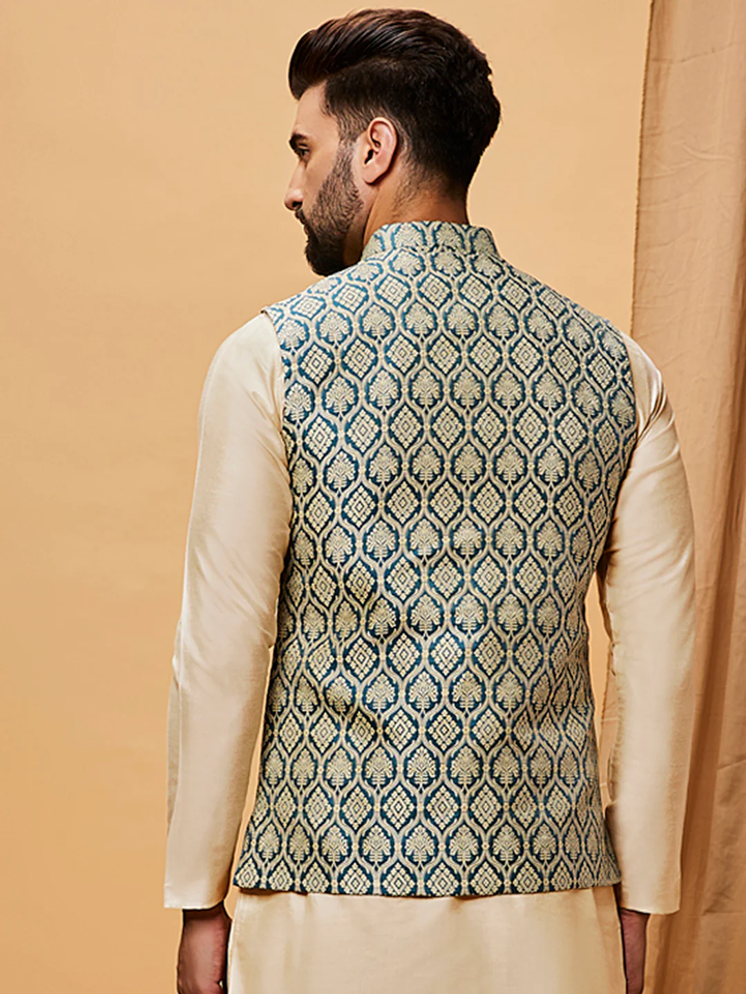 Blue Beige Cotton Silk Textured Nehru Jacket - Image 4
