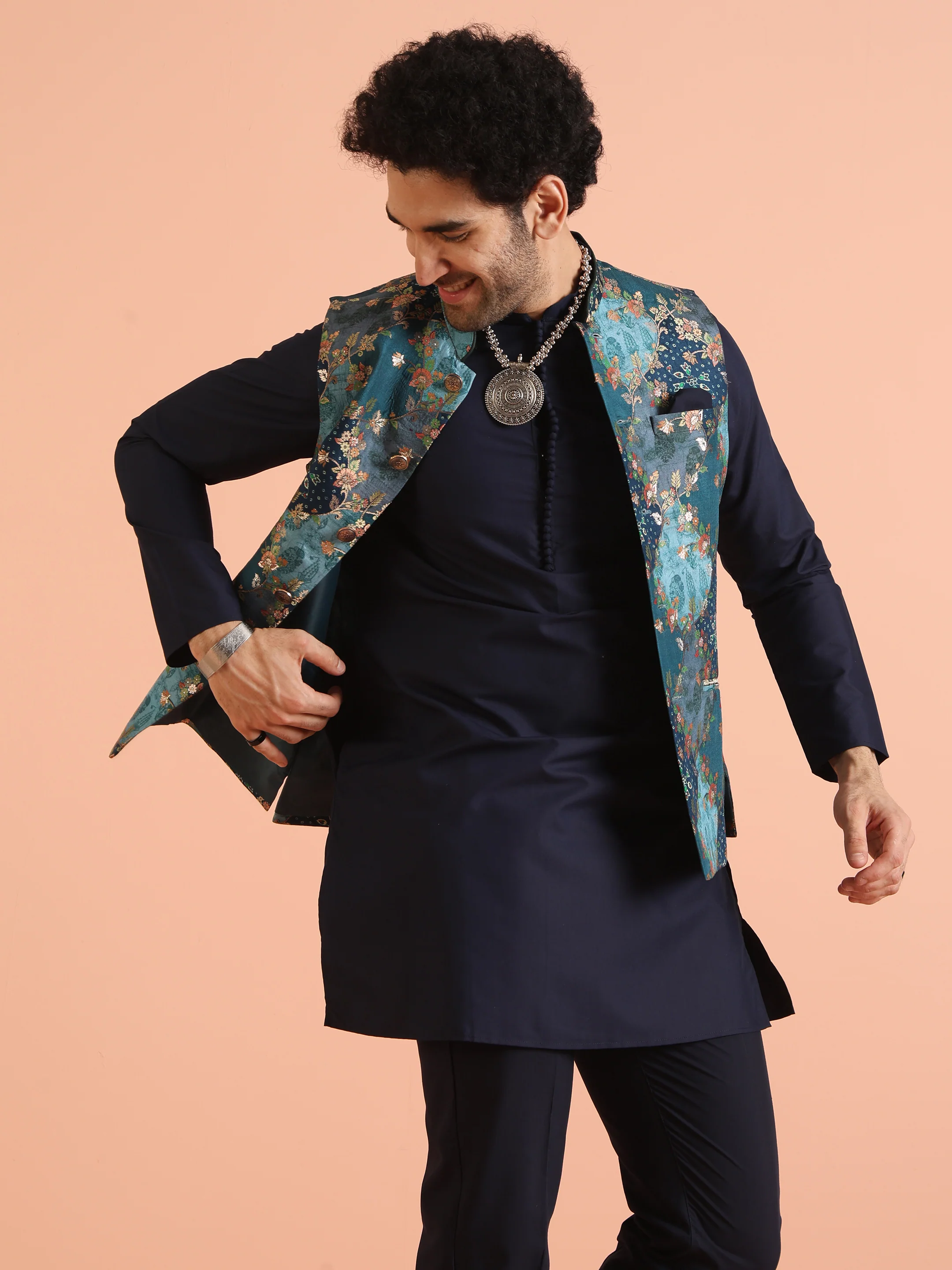 Teal Blue Cotton Silk Floral Nehru Jacket - Image 2