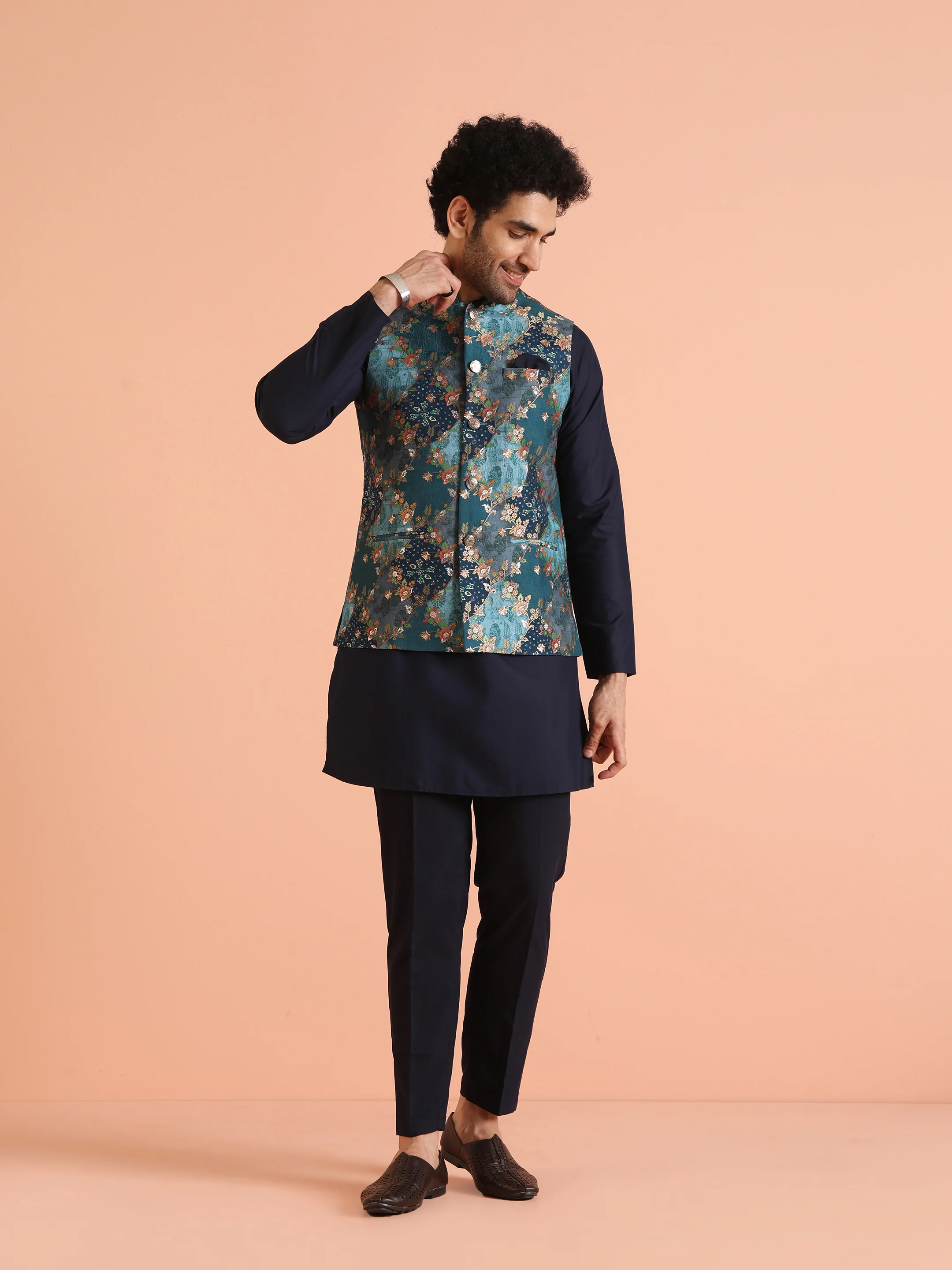 Teal Blue Cotton Silk Floral Nehru Jacket - Image 3