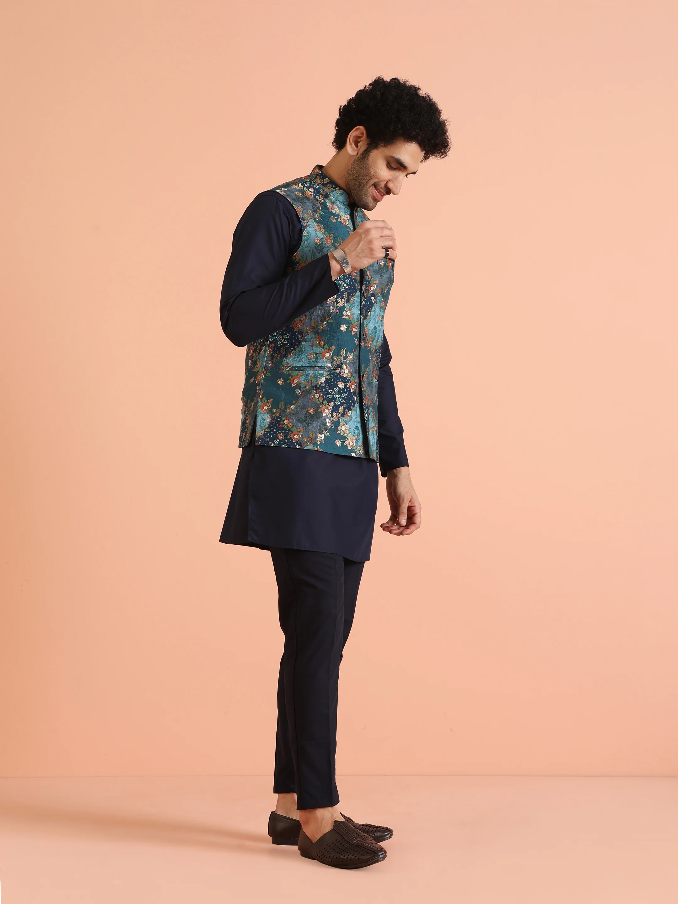 Teal Blue Cotton Silk Floral Nehru Jacket - Image 4