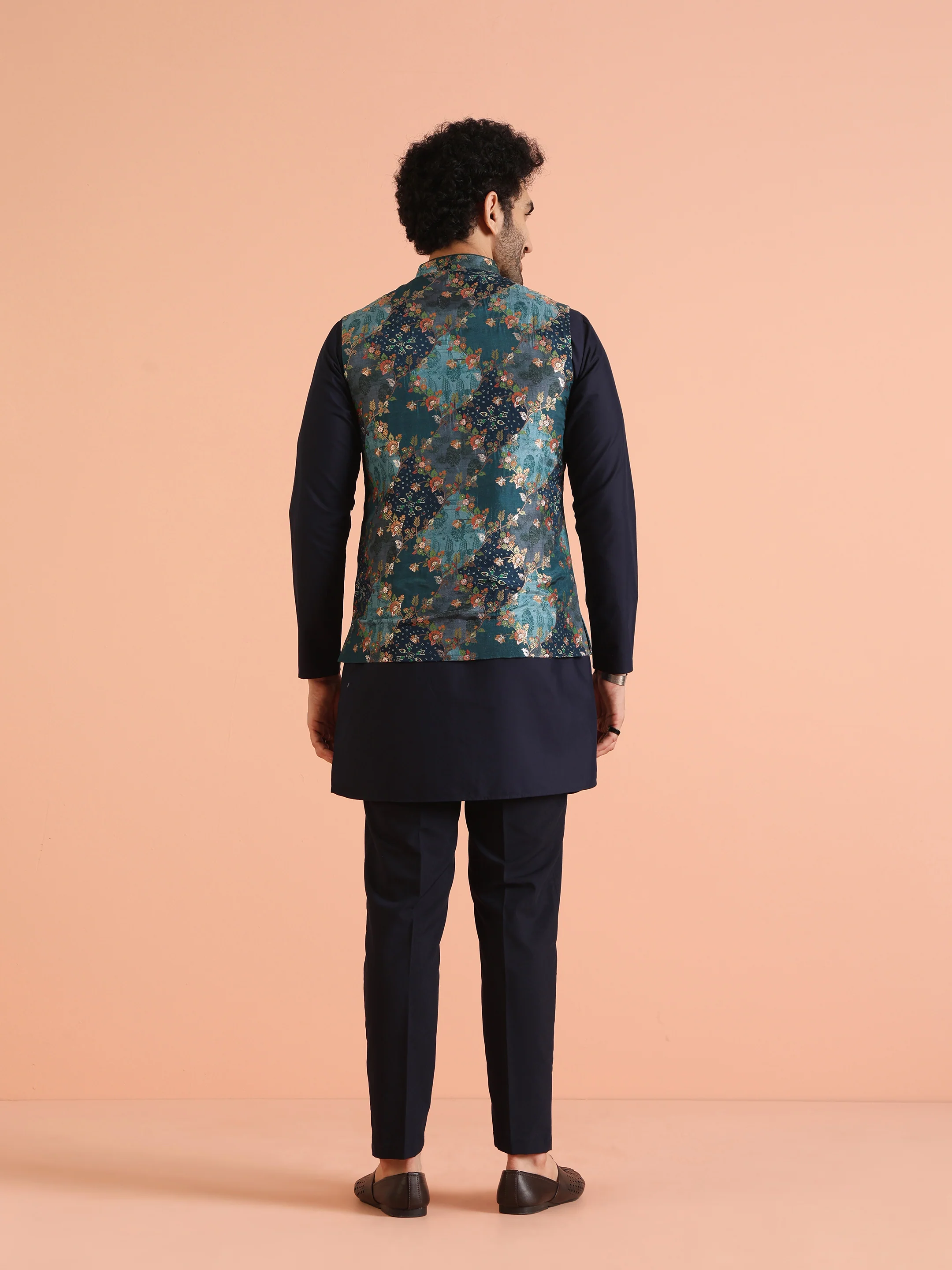 Teal Blue Cotton Silk Floral Nehru Jacket - Image 5