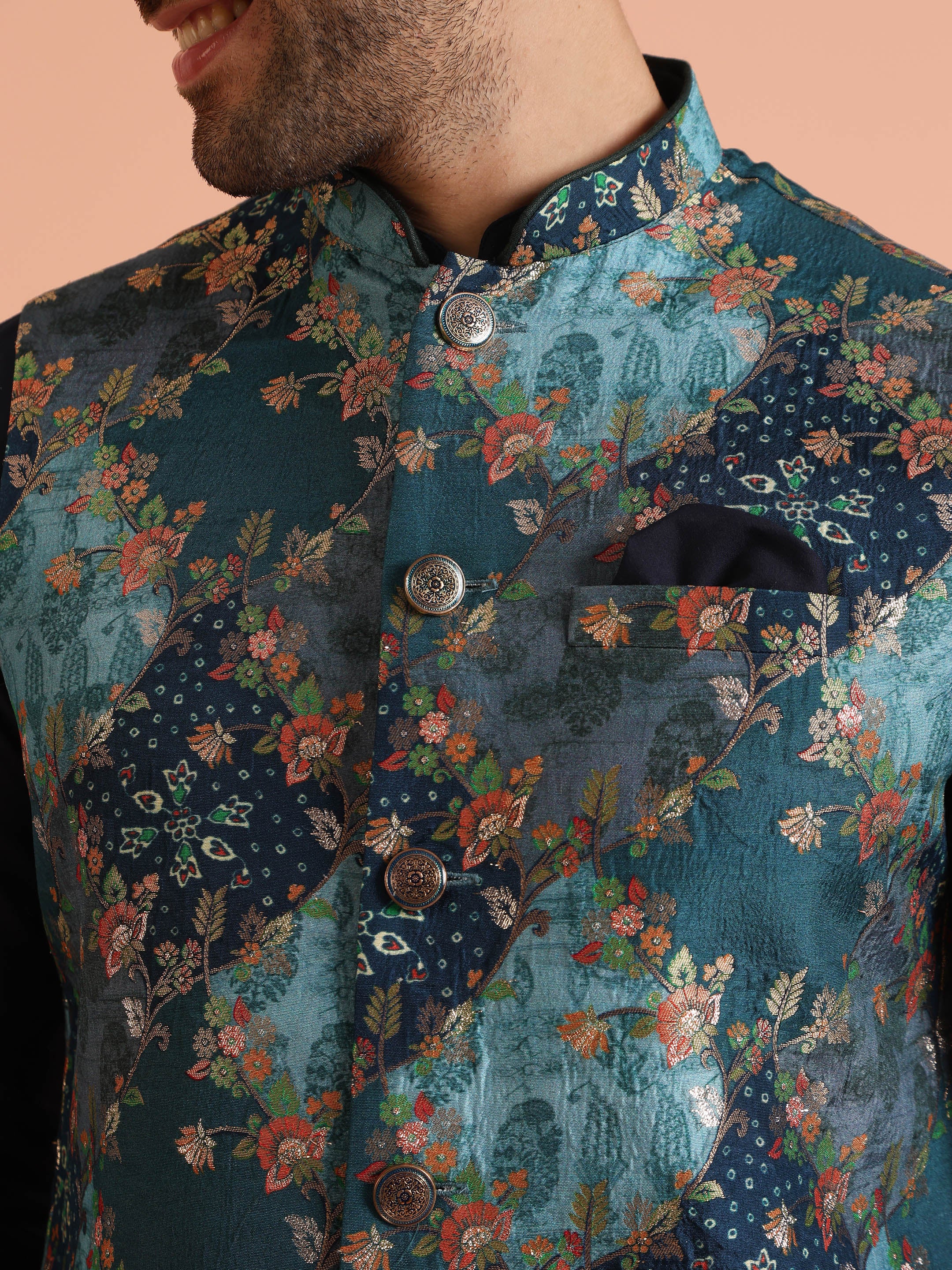 Teal Blue Cotton Silk Floral Nehru Jacket - Image 6