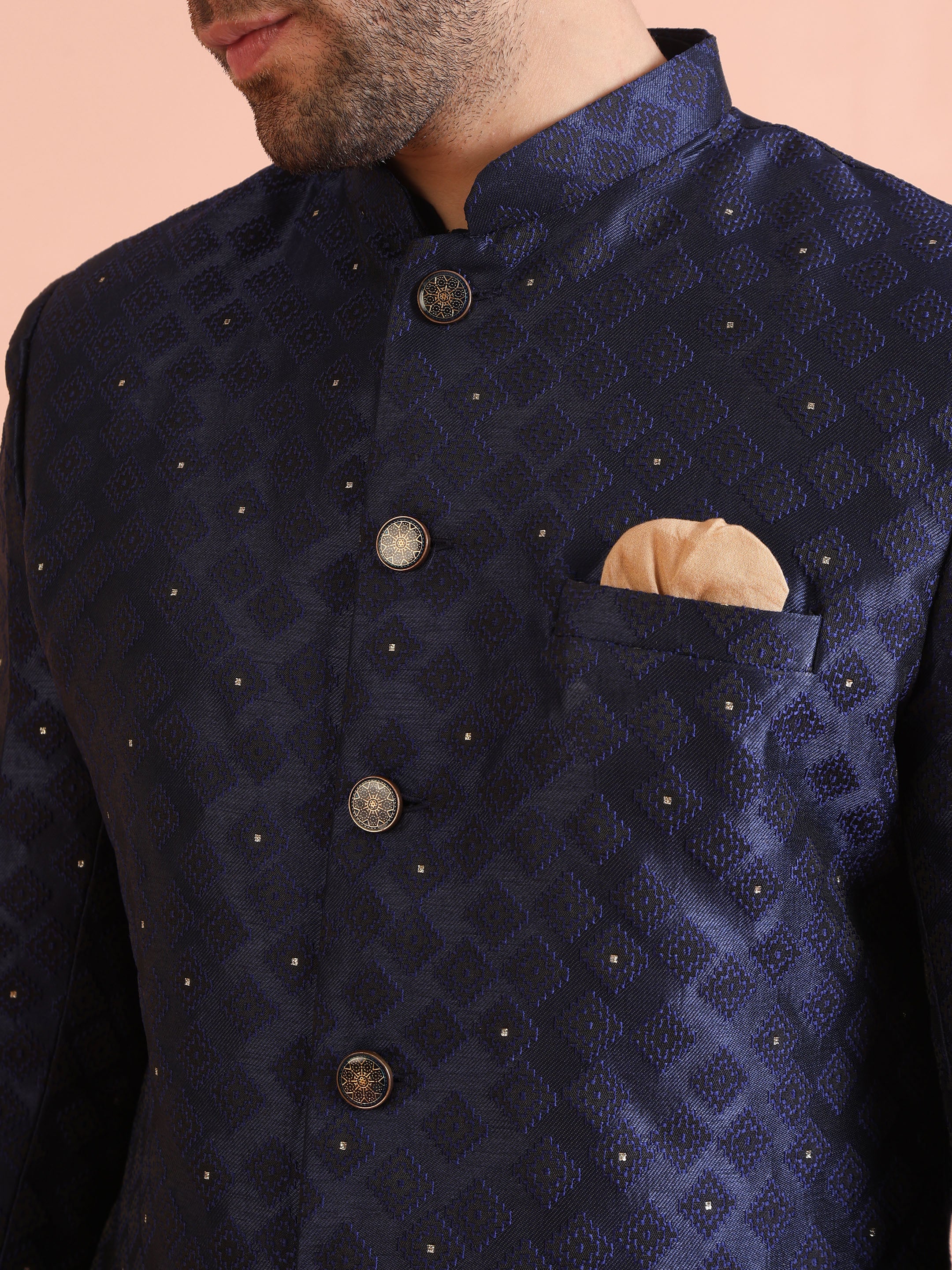 Men Navy Blue Textured Kurta Indowestern Trouser Set - Image 6