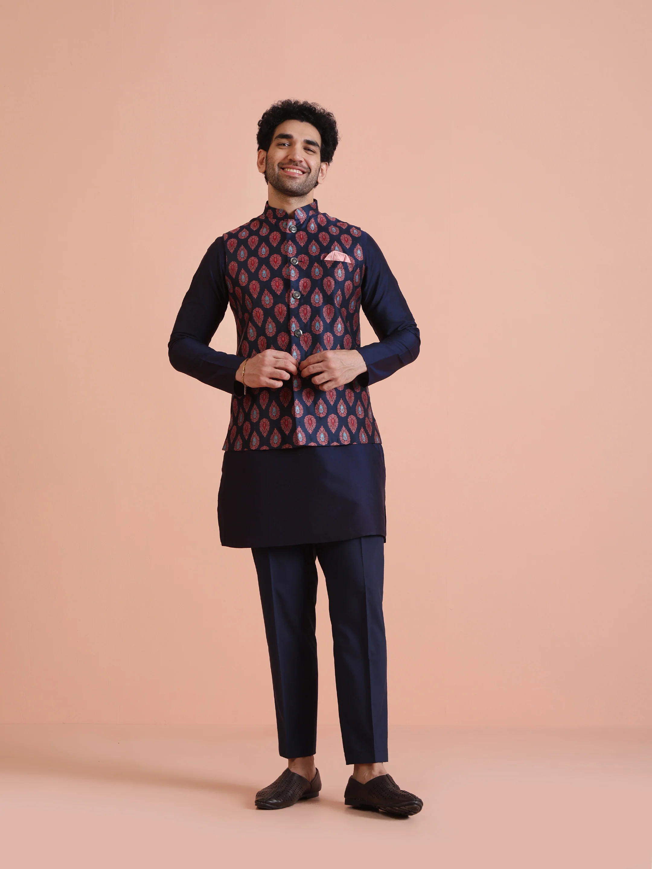 Kisah Men's Blue Woven Design Nehru Jacket - Image 7