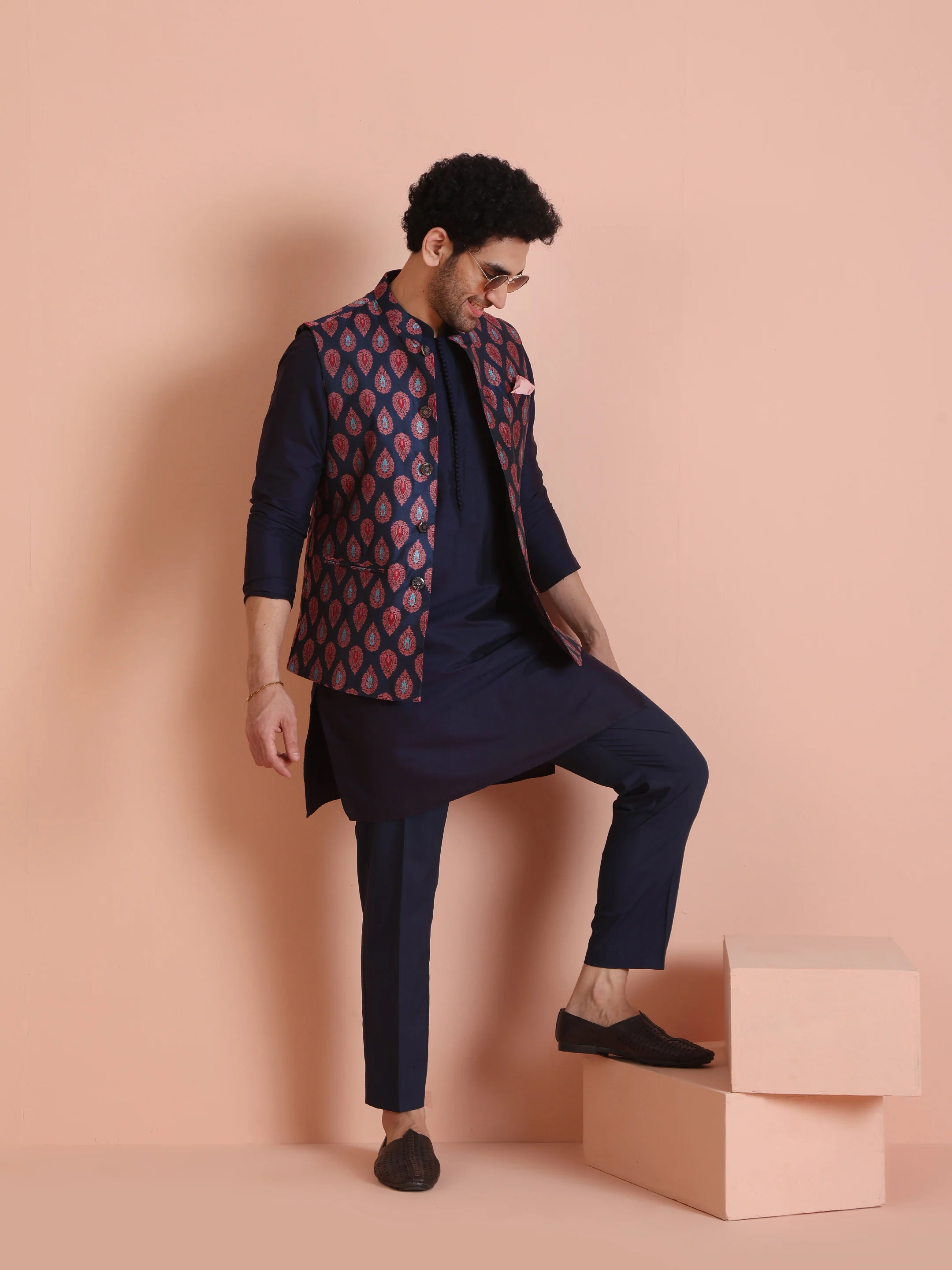 Kisah Men's Blue Woven Design Nehru Jacket - Image 8