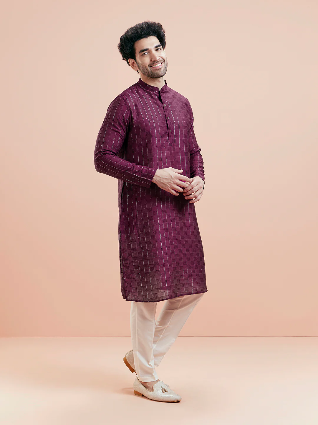 Wine Textured Sequinned Silk Blend Kurta - Image 3