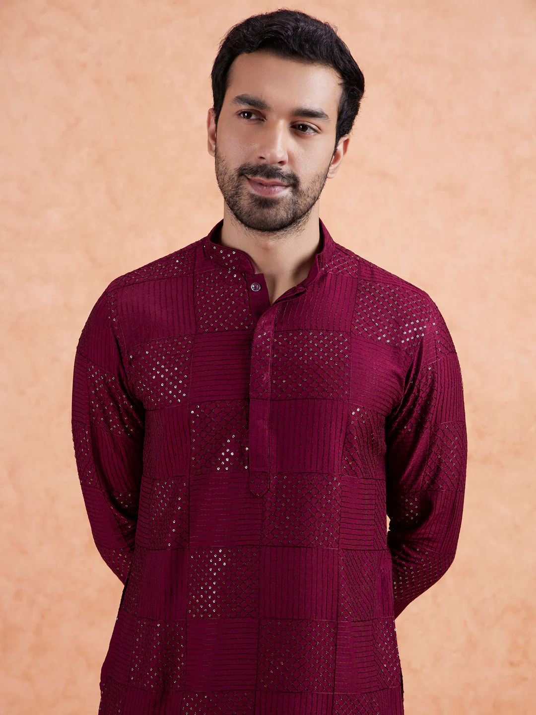 Maroon Cotton Geometric Embroidery Long Kurta - Image 3