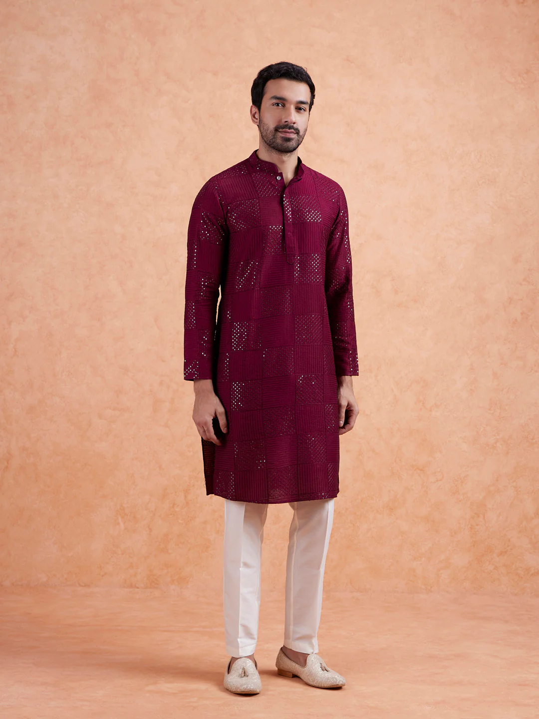 Maroon Cotton Geometric Embroidery Long Kurta - Image 7