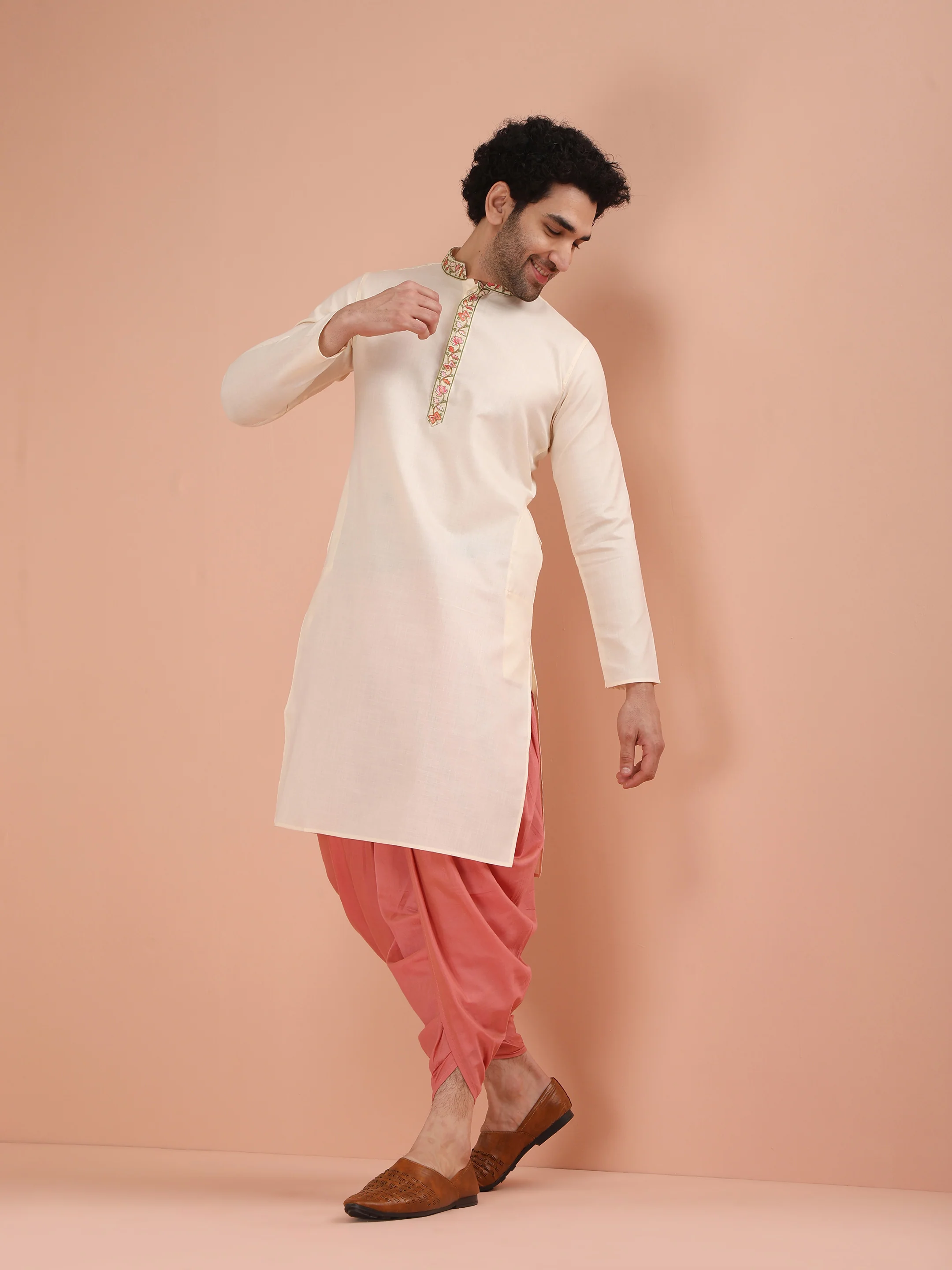 Cream Embroidered Kurta Dhoti Set - Image 3