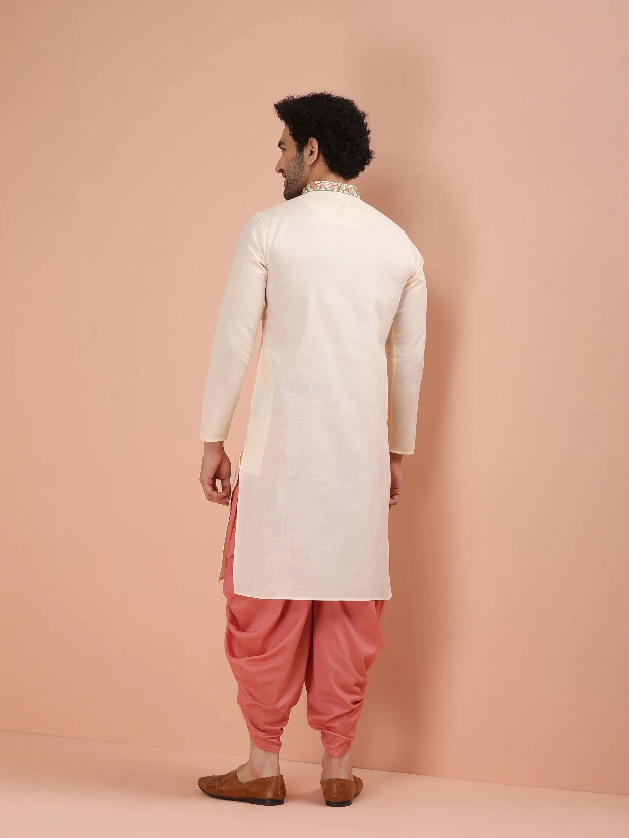 Cream Embroidered Kurta Dhoti Set - Image 4
