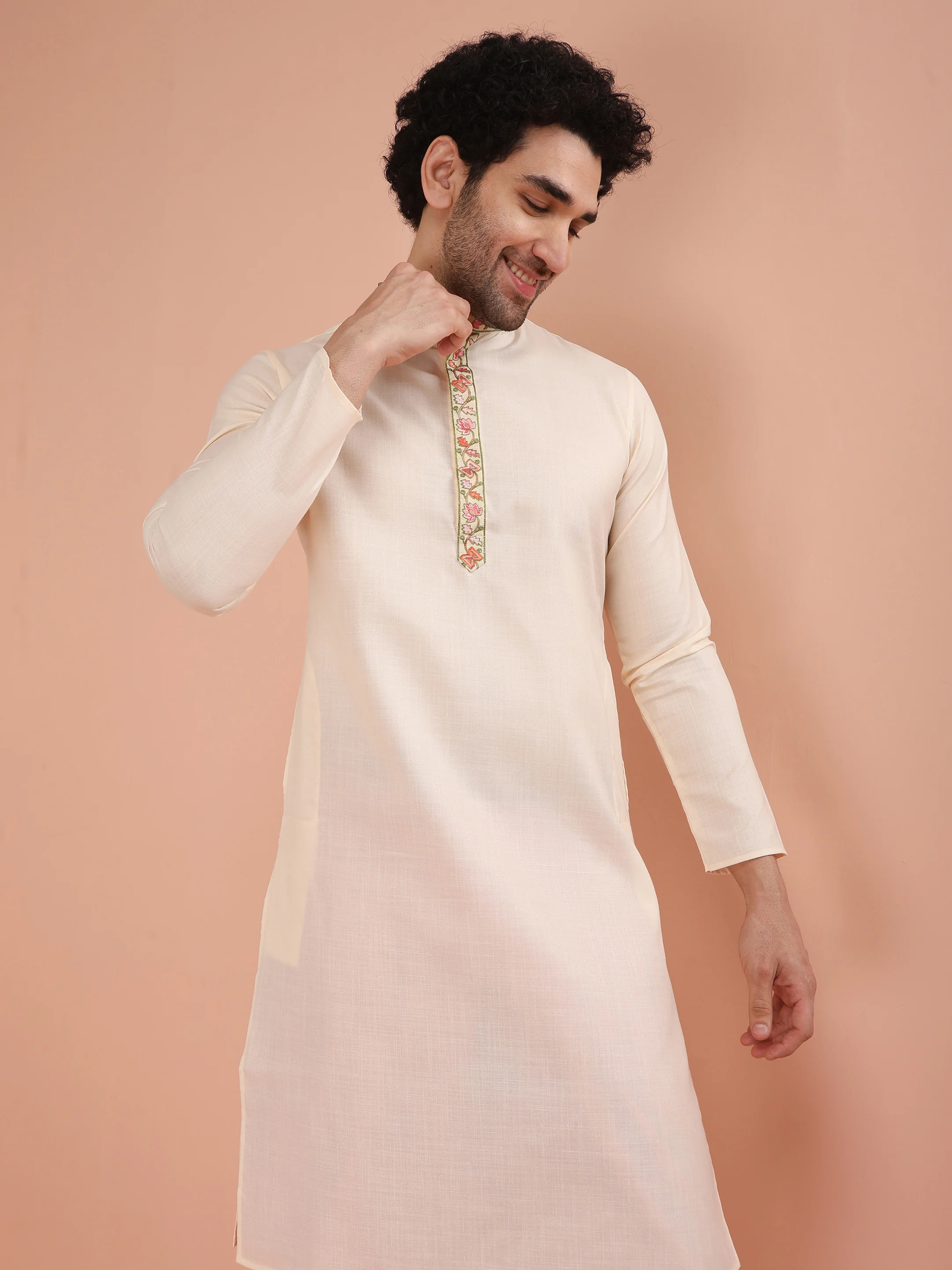 Cream Embroidered Kurta Dhoti Set - Image 7