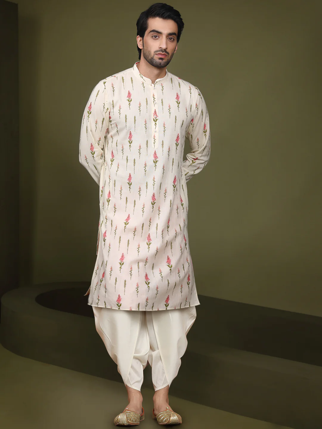 Cream Cotton Printed Kurta Dhoti Set - Image 3