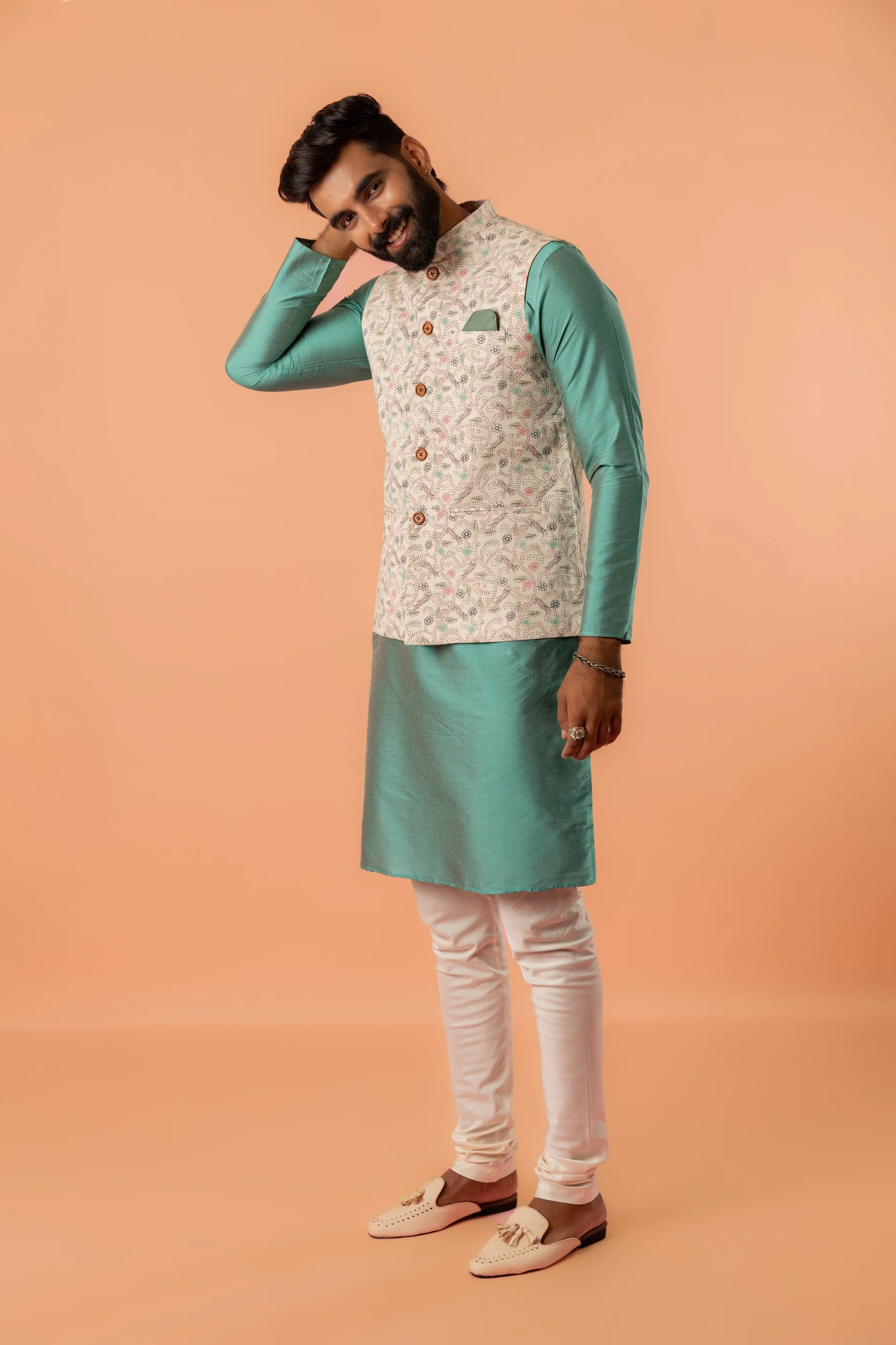 Green Silk Blend Kurta with Beige Multicolor Printed Nehru Jacket and White Churidar - Image 2