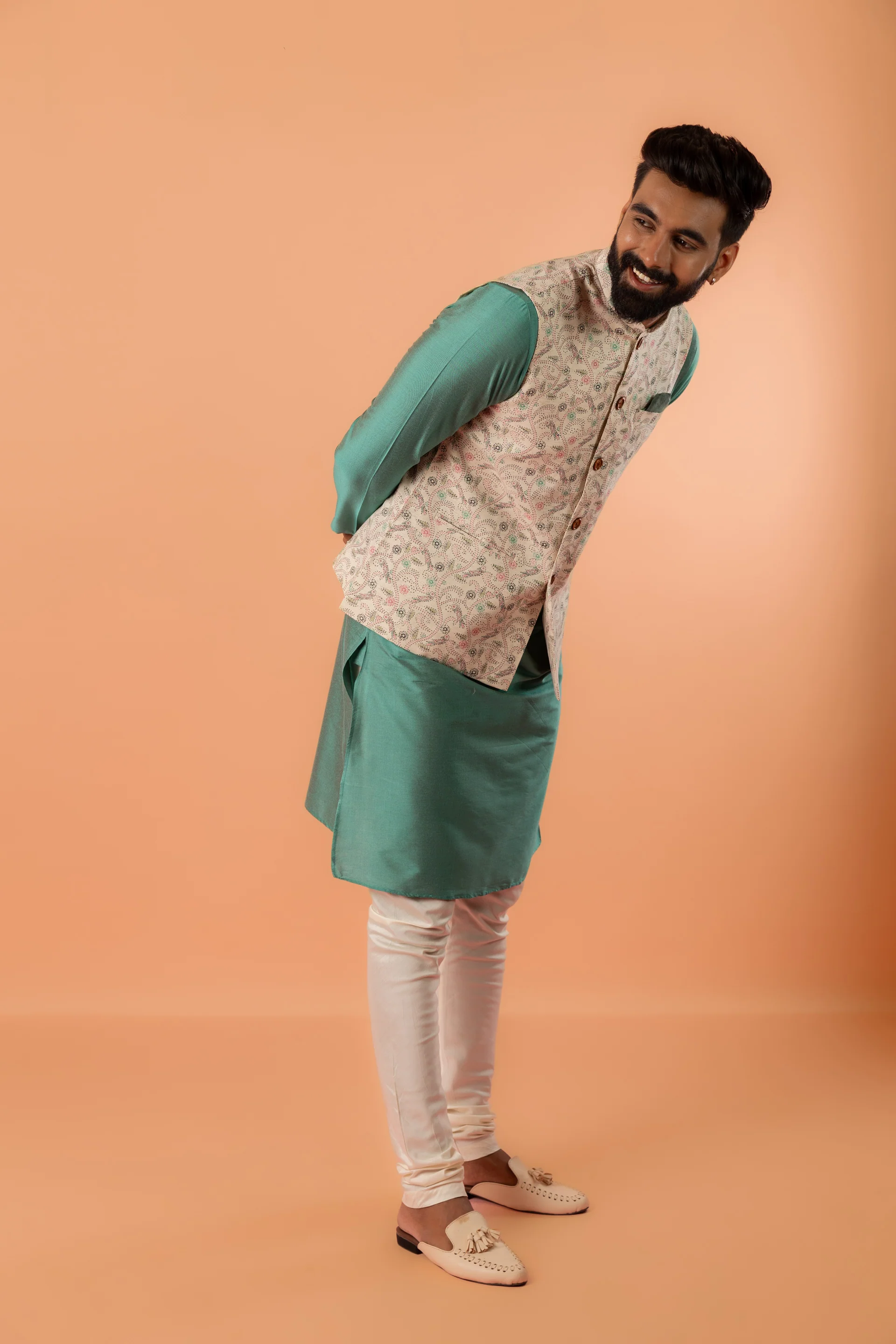 Green Silk Blend Kurta with Beige Multicolor Printed Nehru Jacket and White Churidar - Image 3