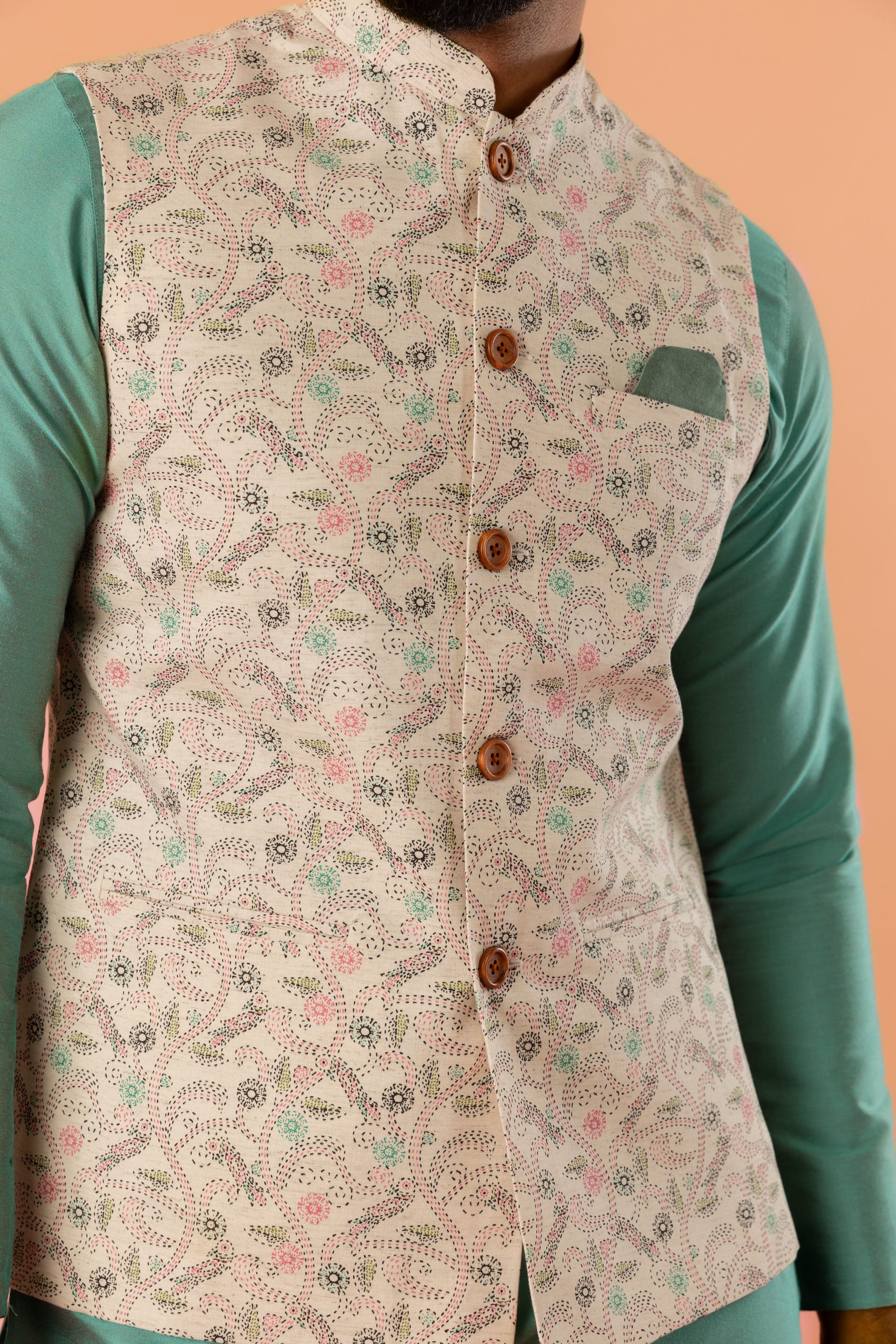 Green Silk Blend Kurta with Beige Multicolor Printed Nehru Jacket and White Churidar - Image 5