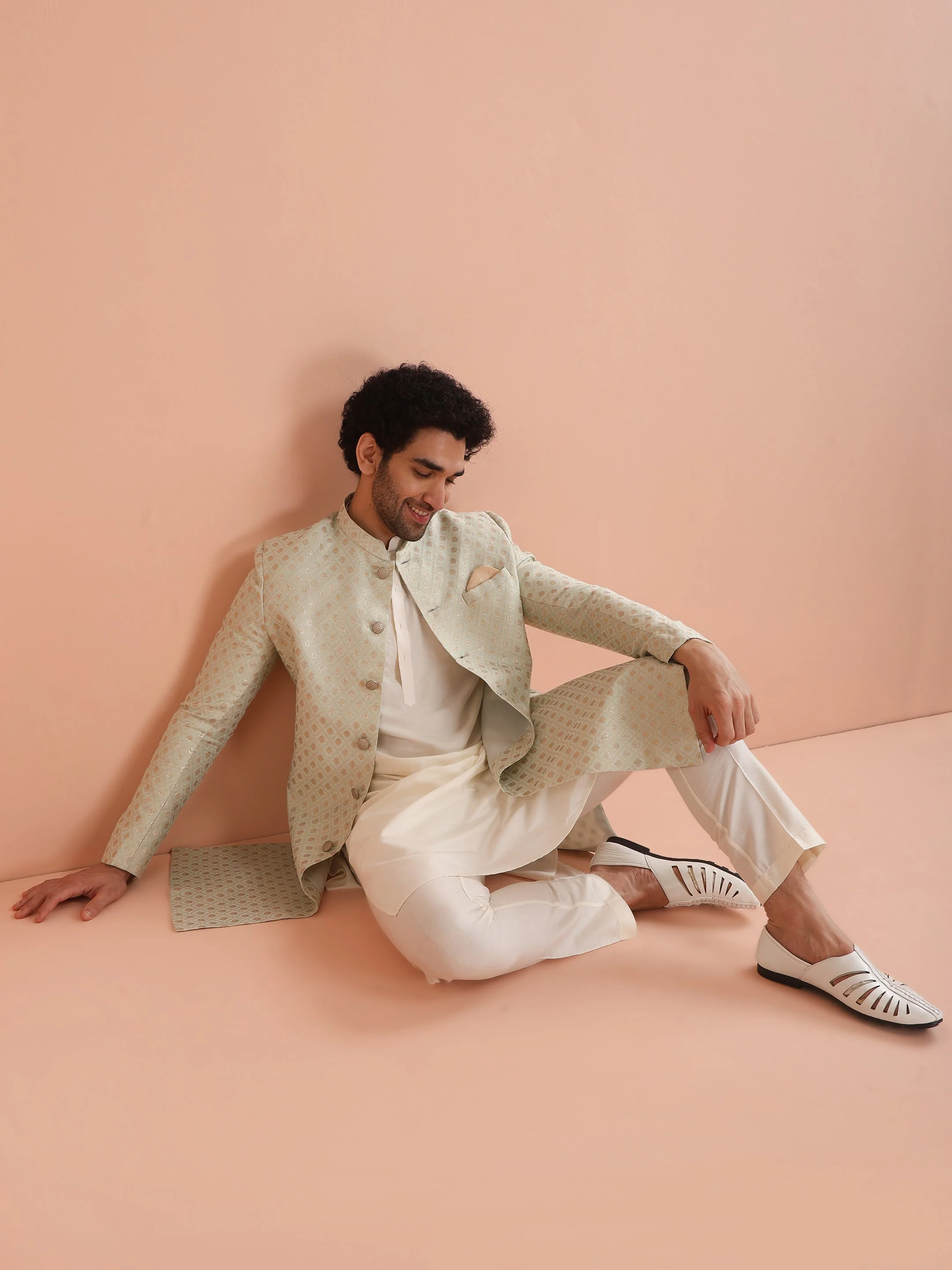 Men's Cream Kurta Indowestern Trouser Set - Image 16