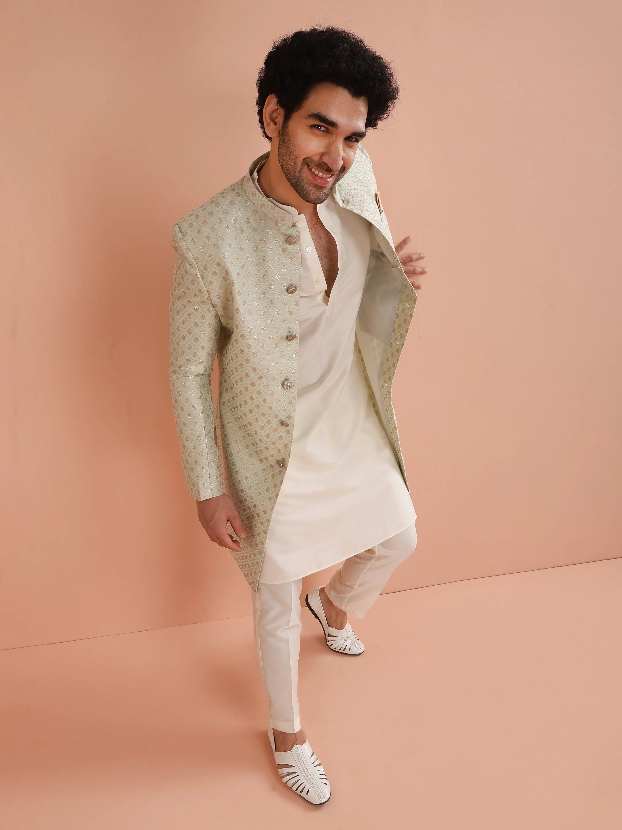 Men's Cream Kurta Indowestern Trouser Set - Image 19