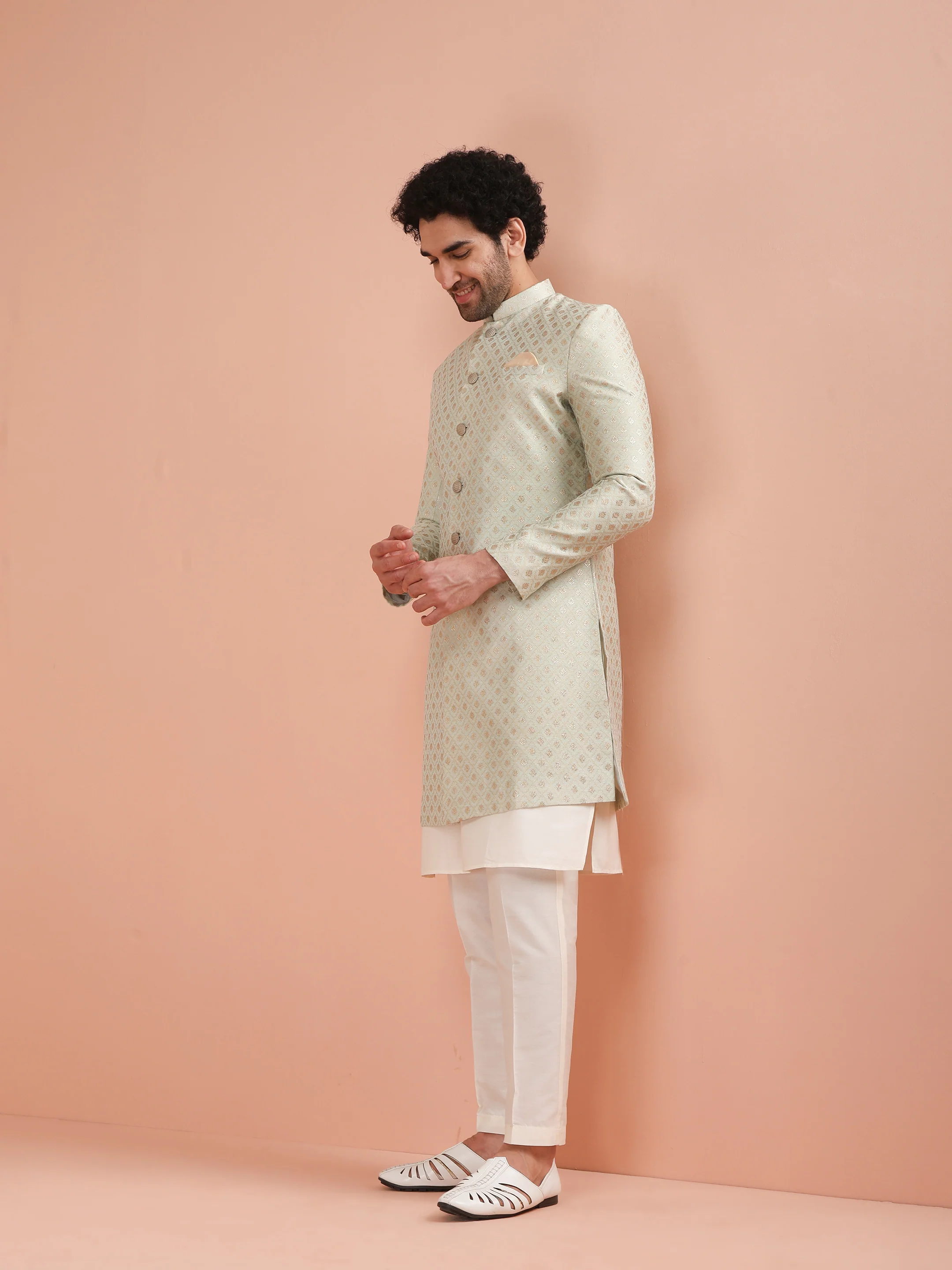 Men's Cream Kurta Indowestern Trouser Set - Image 2