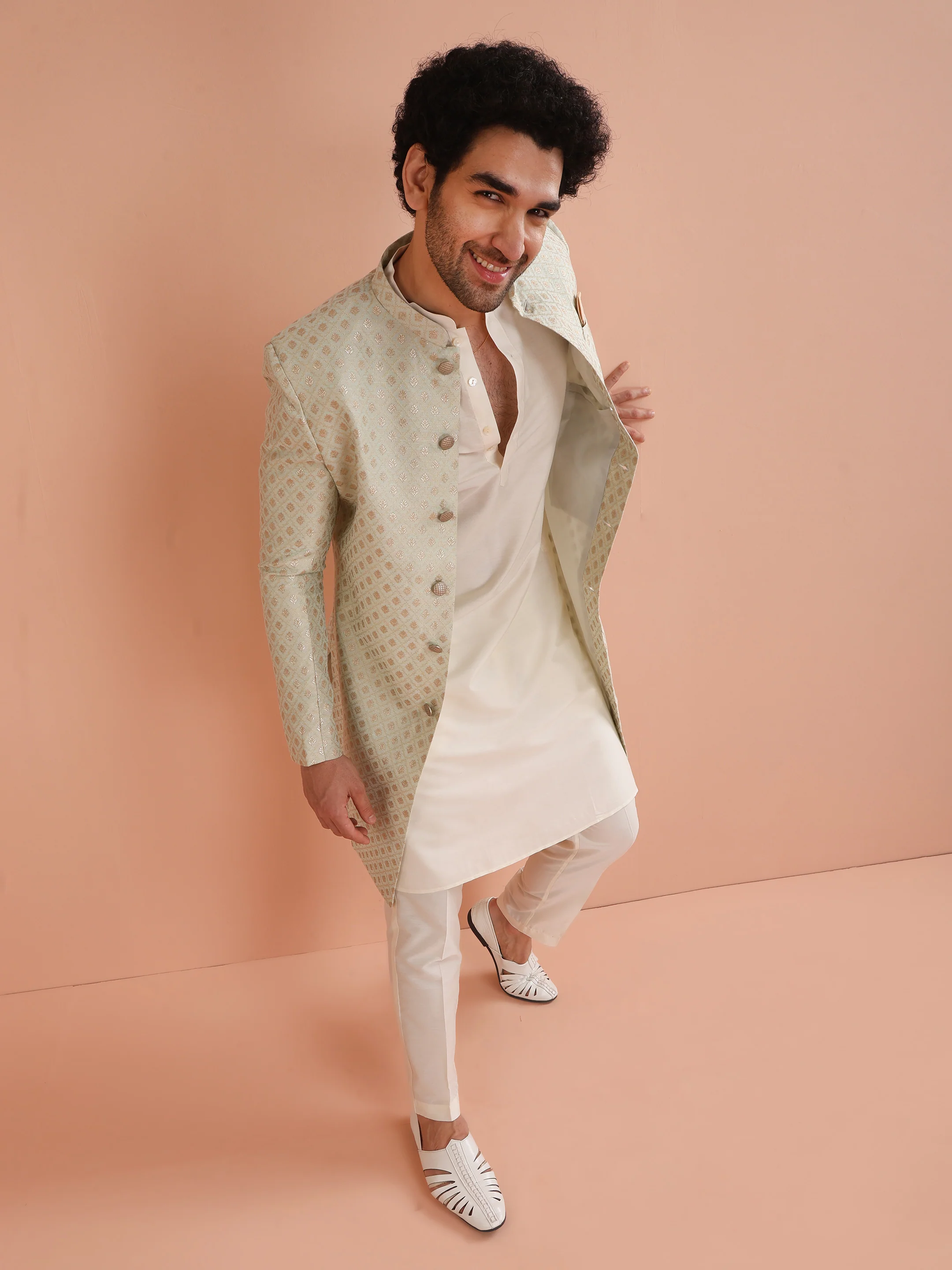 Men's Cream Kurta Indowestern Trouser Set - Image 3